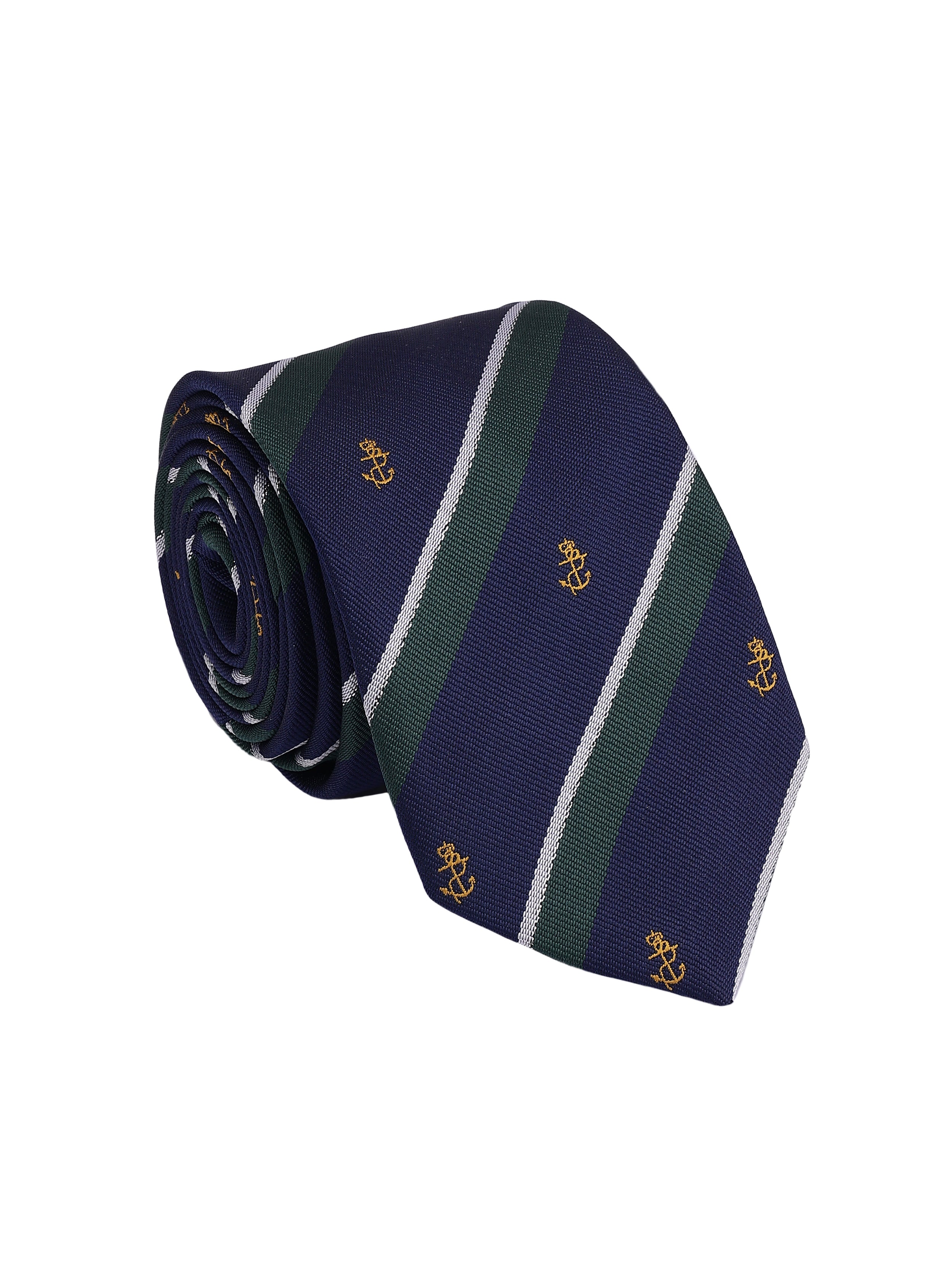 Navy blue tie with green stripes and gold anchor pattern on a white background