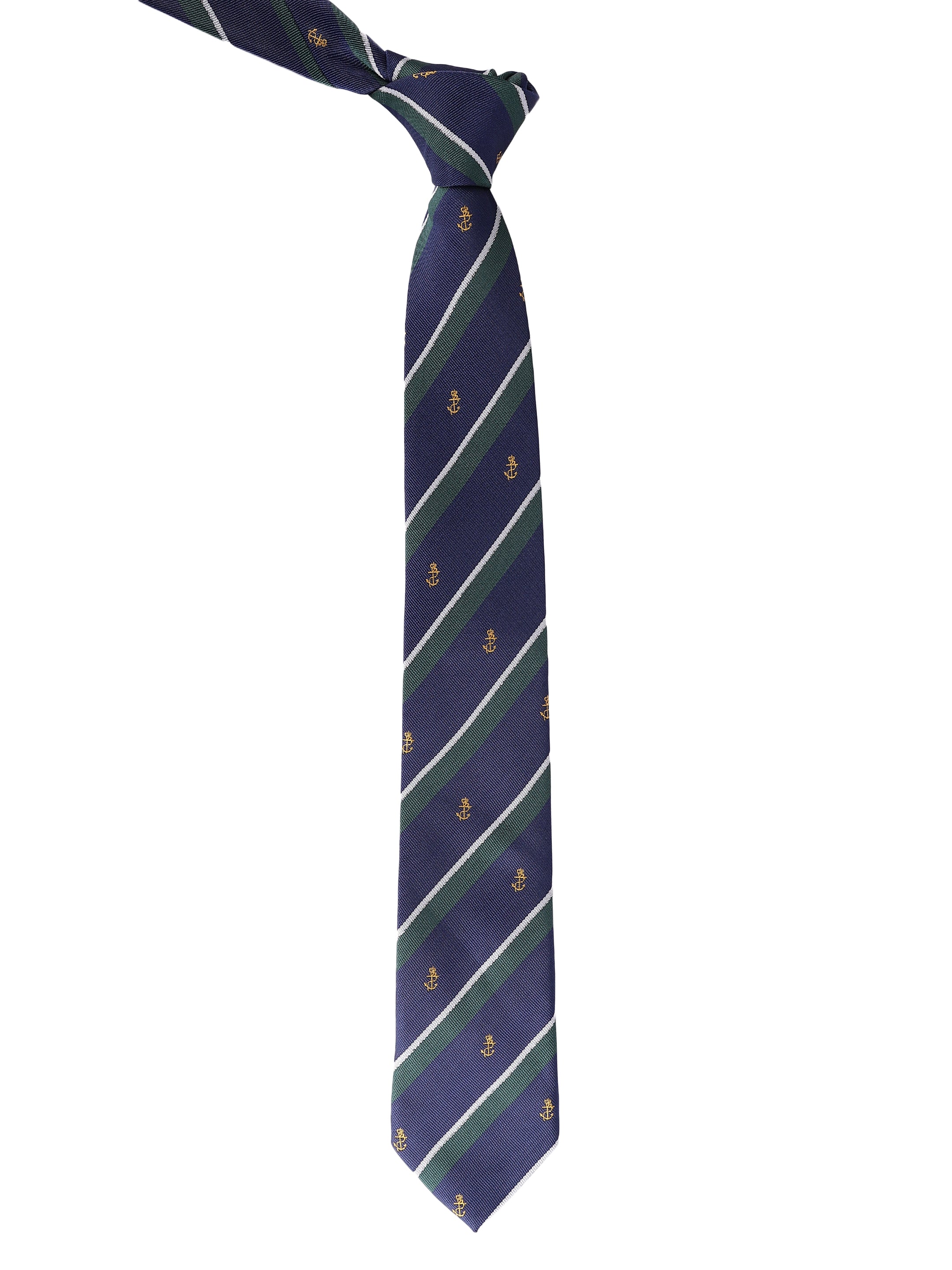 Navy striped tie with small patterns on a white background