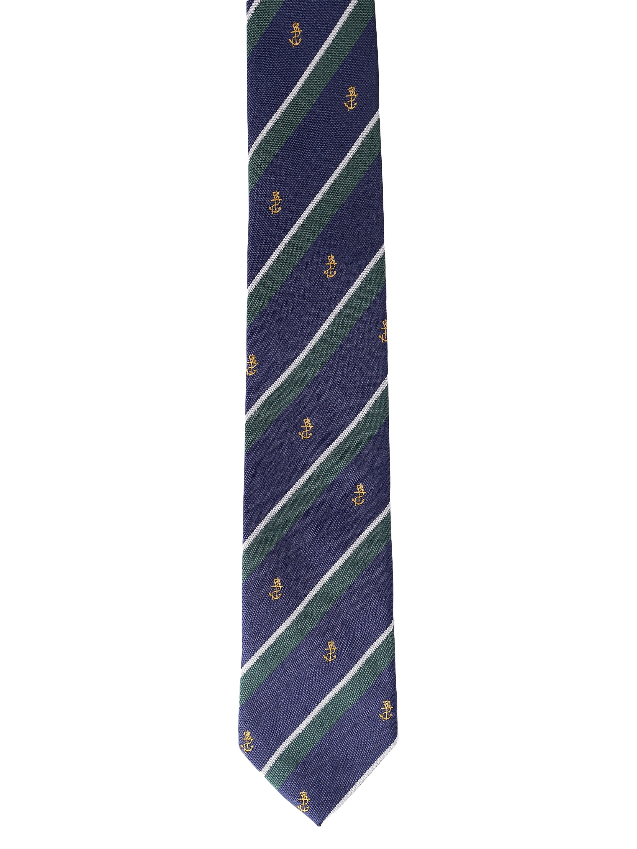 Navy blue tie with green and white stripes and anchor pattern on a white background