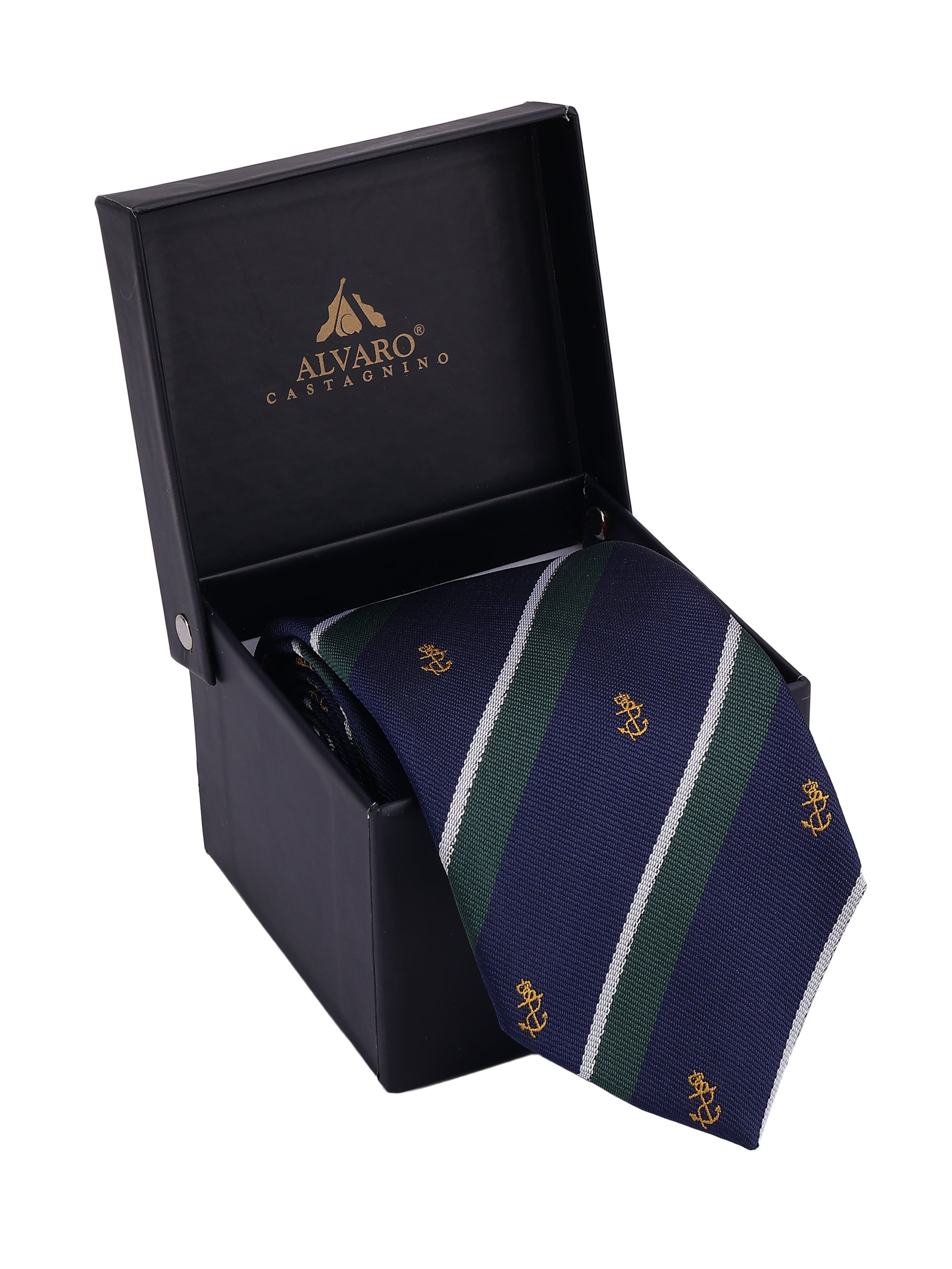 Navy striped tie with anchor pattern in a black Alvaro Castagnino box