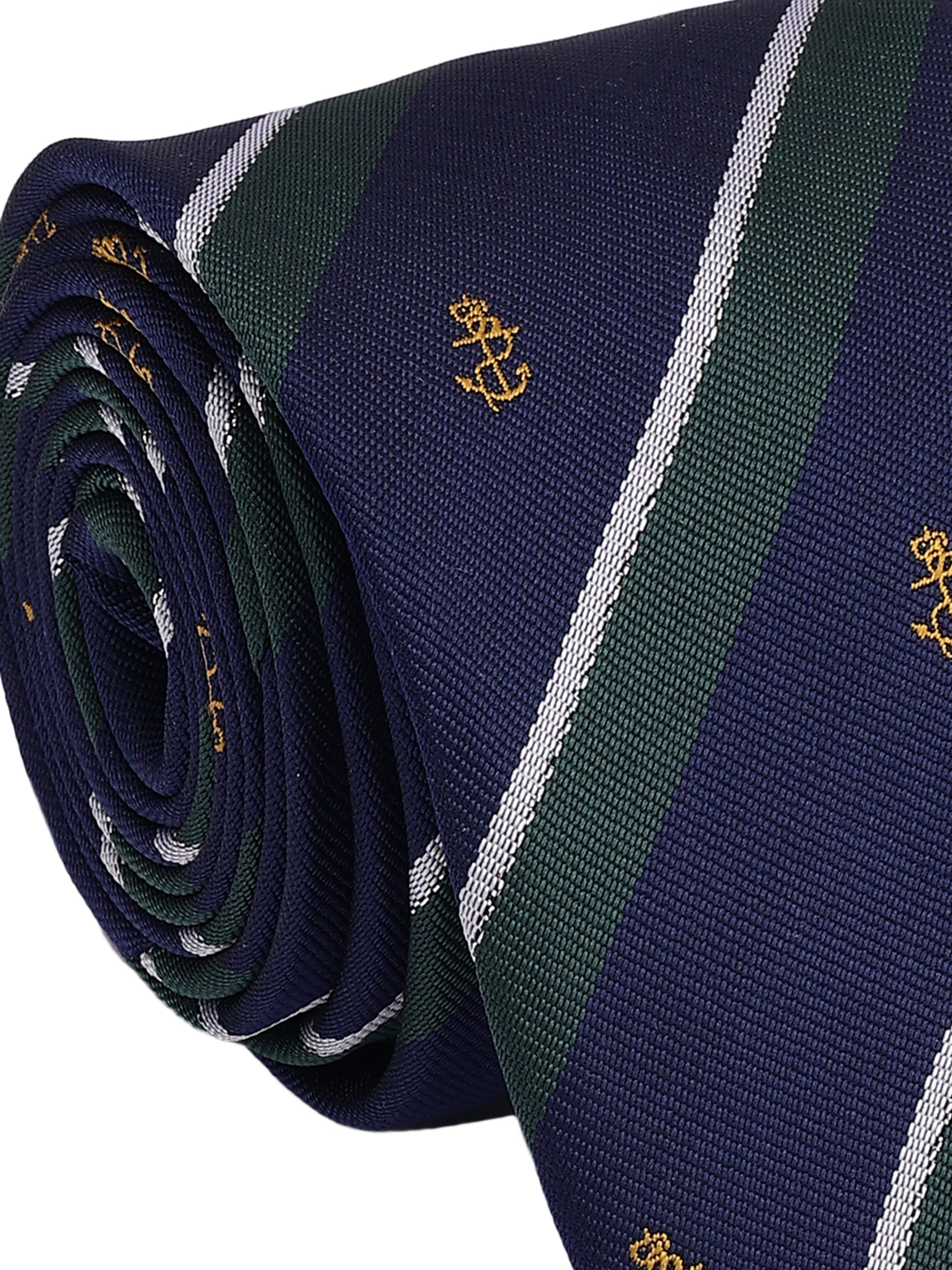 Navy blue tie with green and white stripes and gold anchor design on a white background
