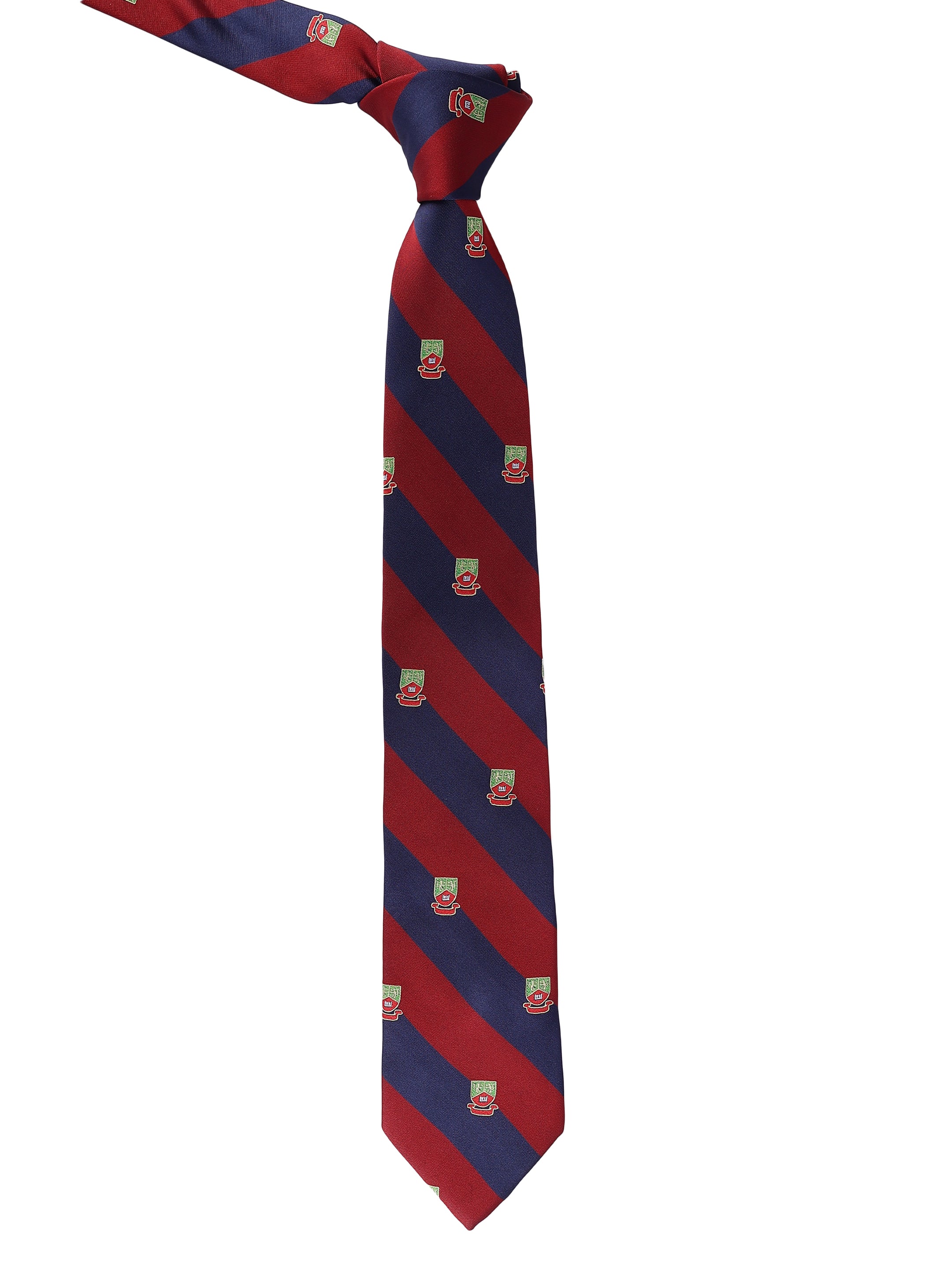 Red and blue striped tie with small logos on a white background