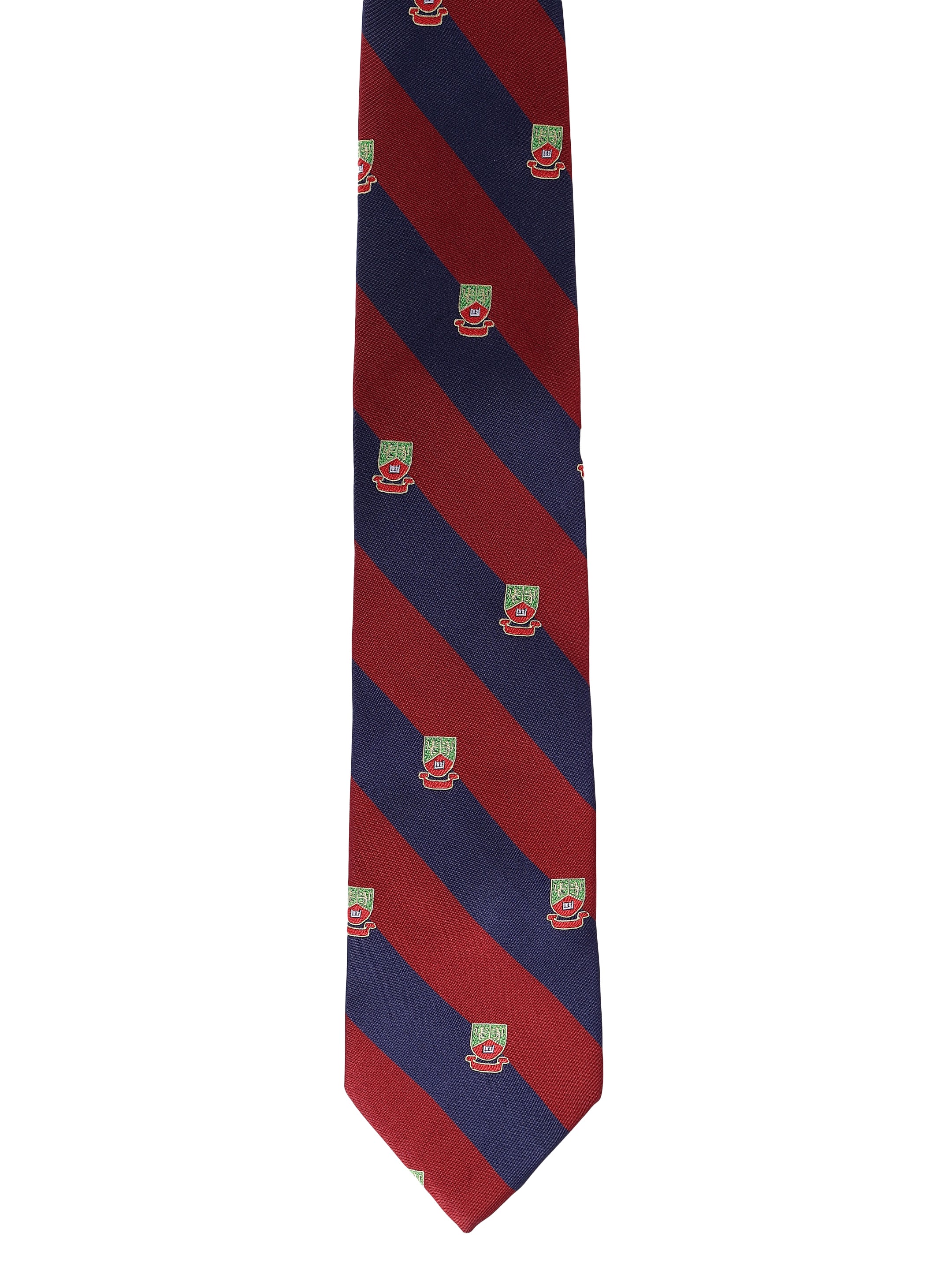 Red and blue striped tie with a small logo on a white background