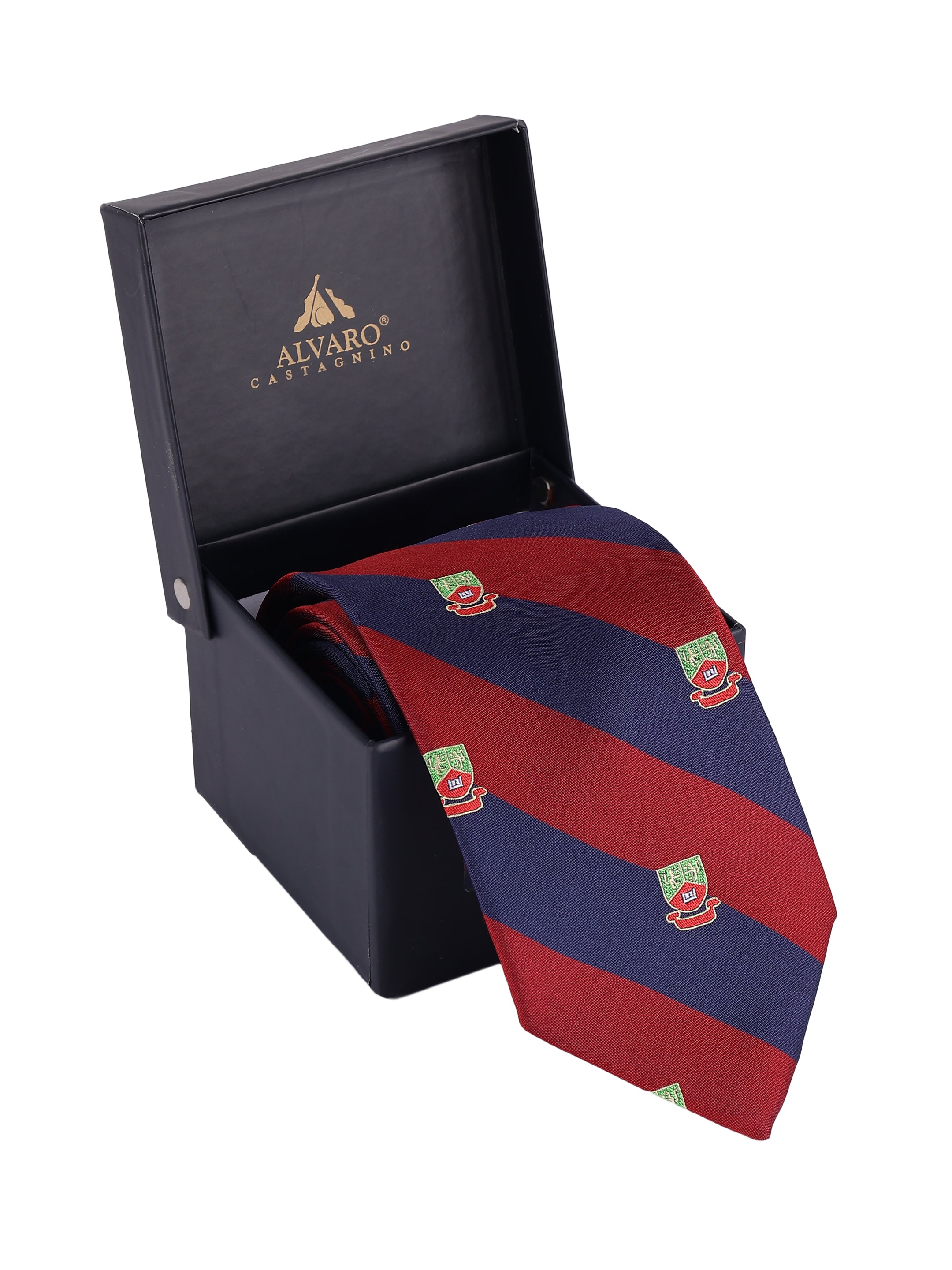 Red and blue striped tie with a logo in a black box, featuring the Alviero Martini brand.