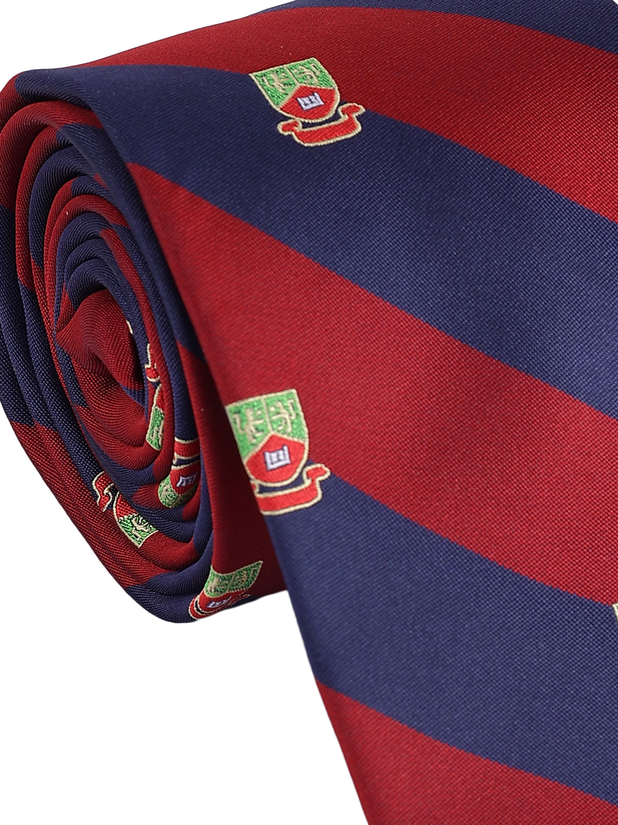 Red and blue striped tie with a logo on a white background