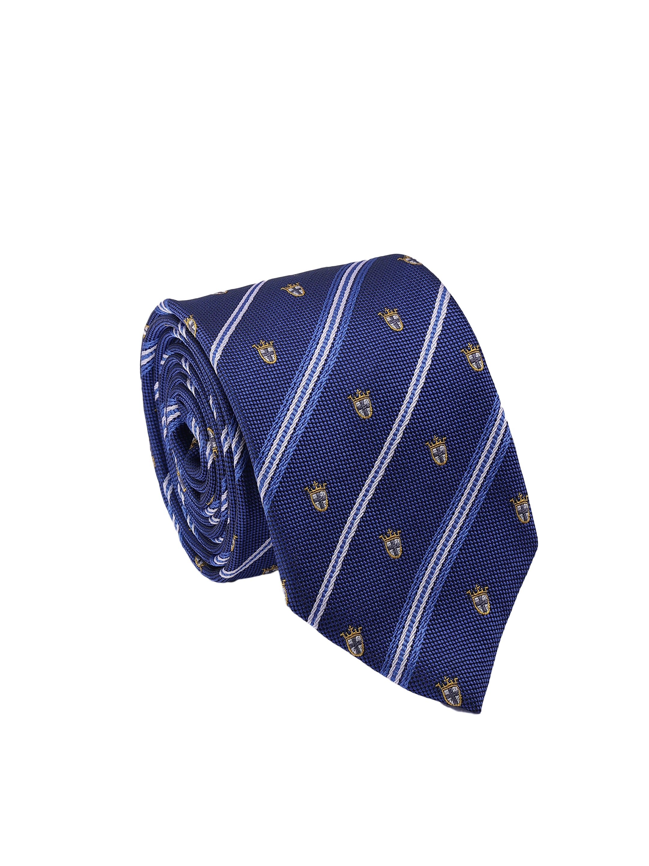 Blue striped tie with small patterns on a white background