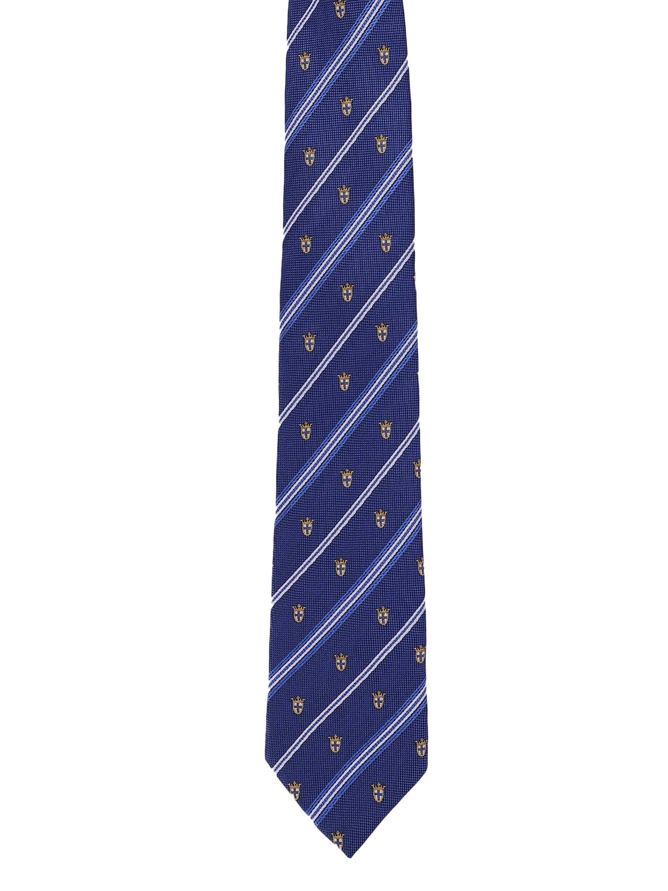 Navy blue tie with gold patterns on a white background