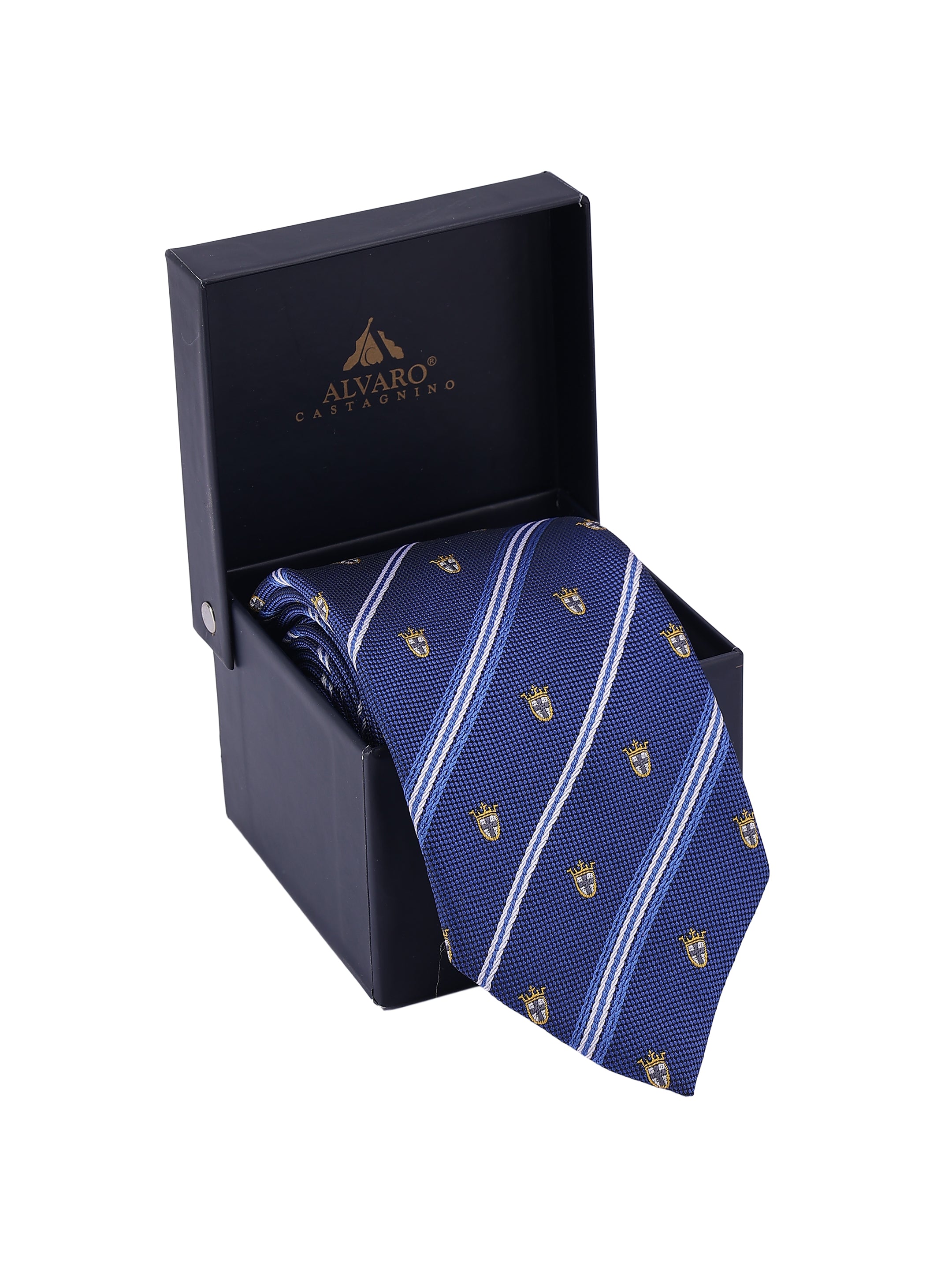 Blue patterned tie with gold accents in a black box, featuring the Aevaro logo.