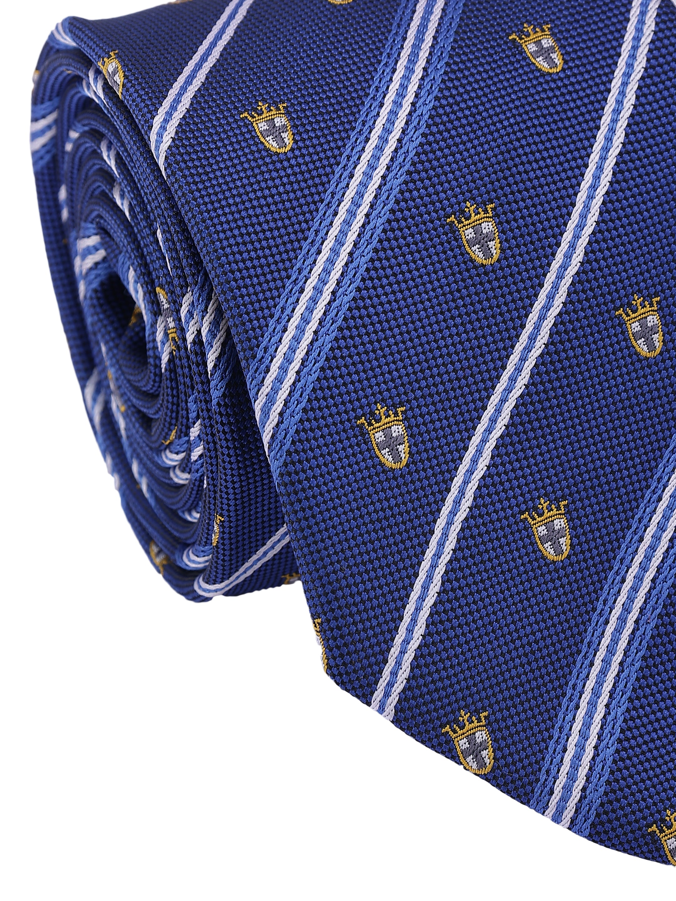 Blue tie with gold emblem pattern on a white background