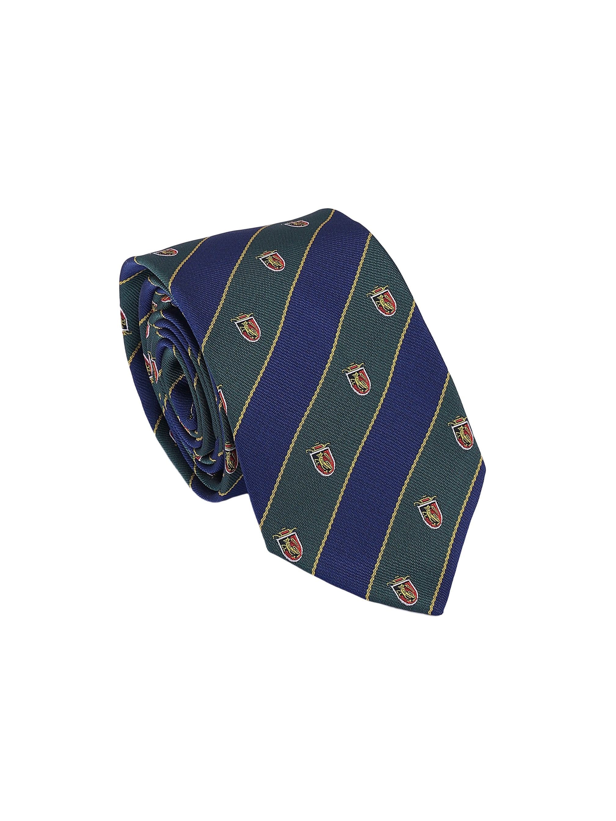 Navy blue tie with gold stripes and small emblems on a white background