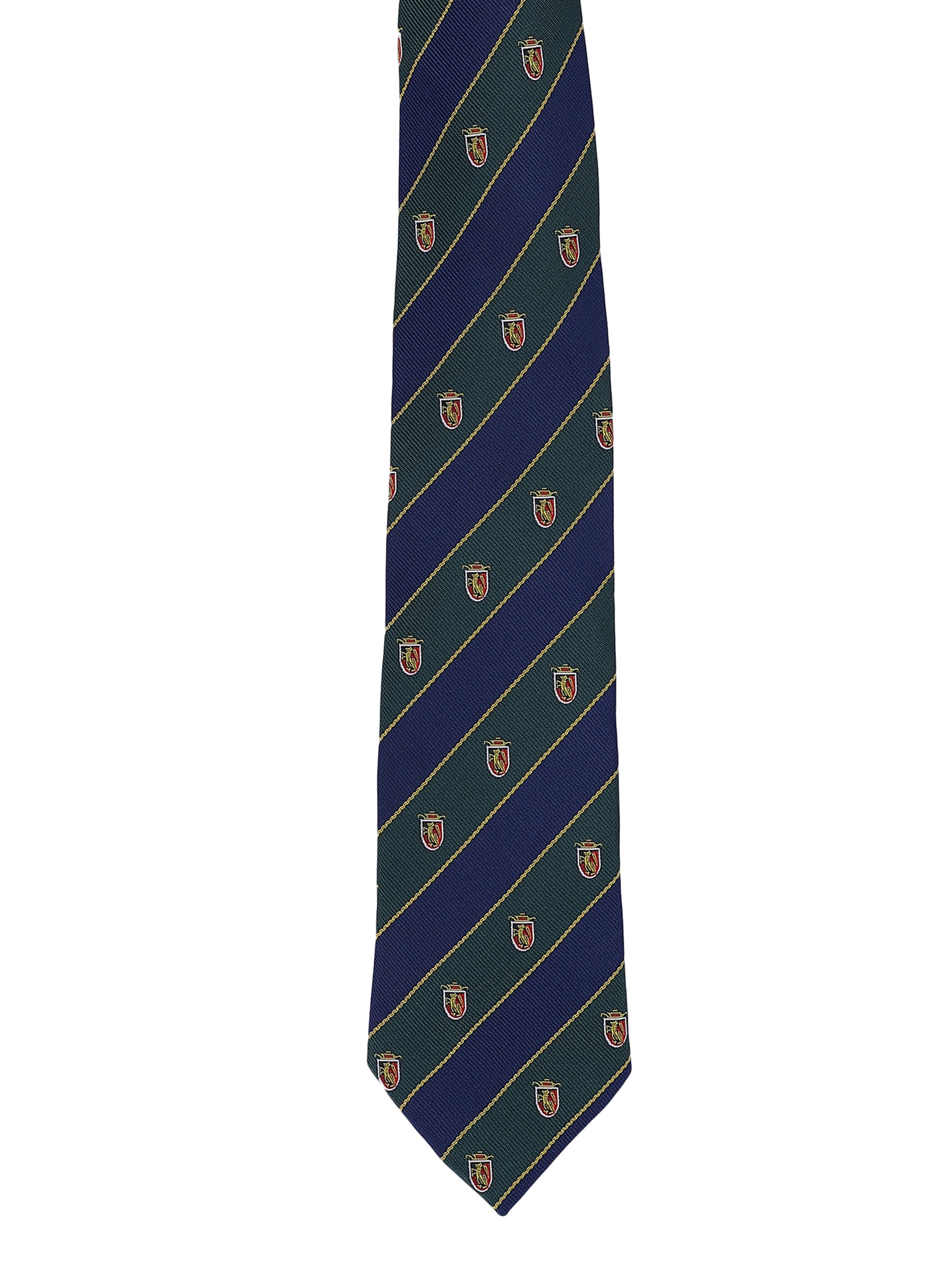 Navy blue tie with gold stripes and small emblems on a white background