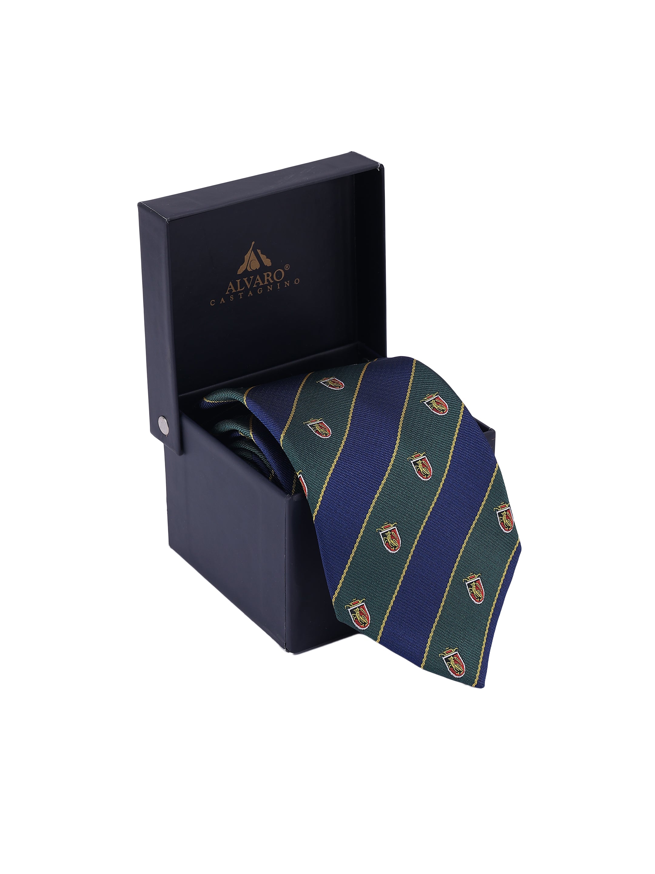 Navy tie with green stripes and small logos in a black Alviero Martini box on a white background