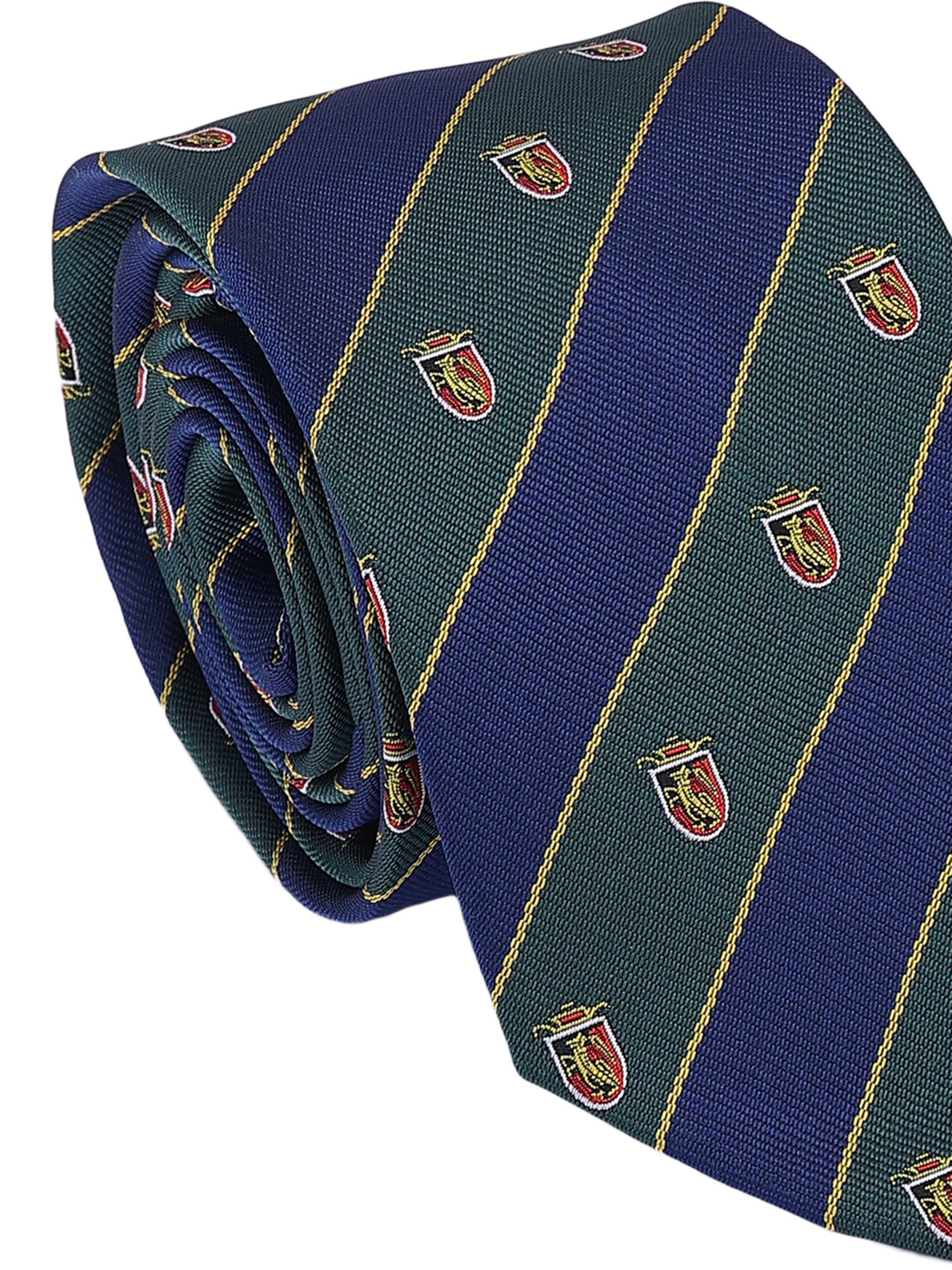 Folded blue and green striped tie with small emblems on a white background