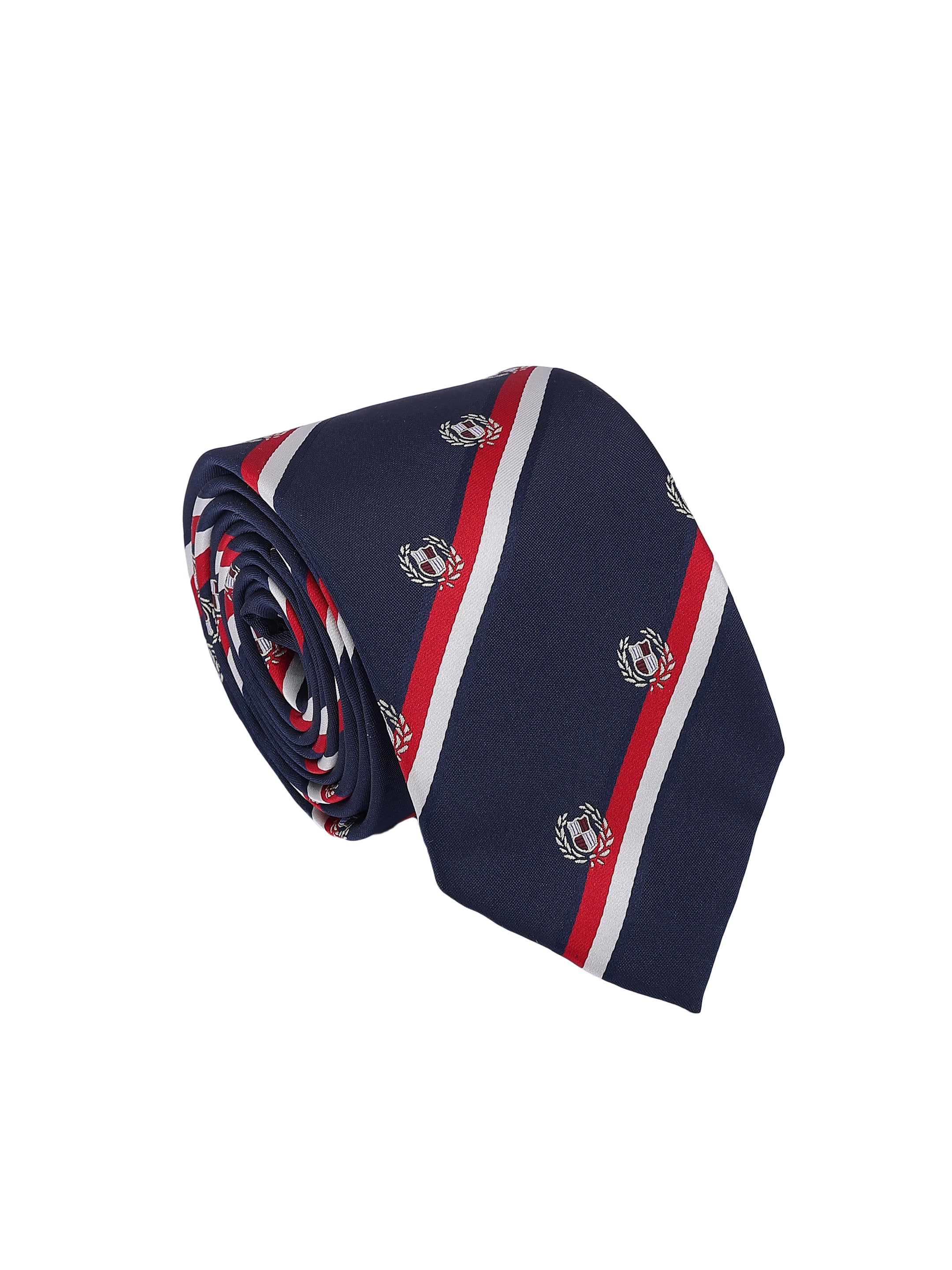 Navy blue tie with red and white stripes and small logos on a white background