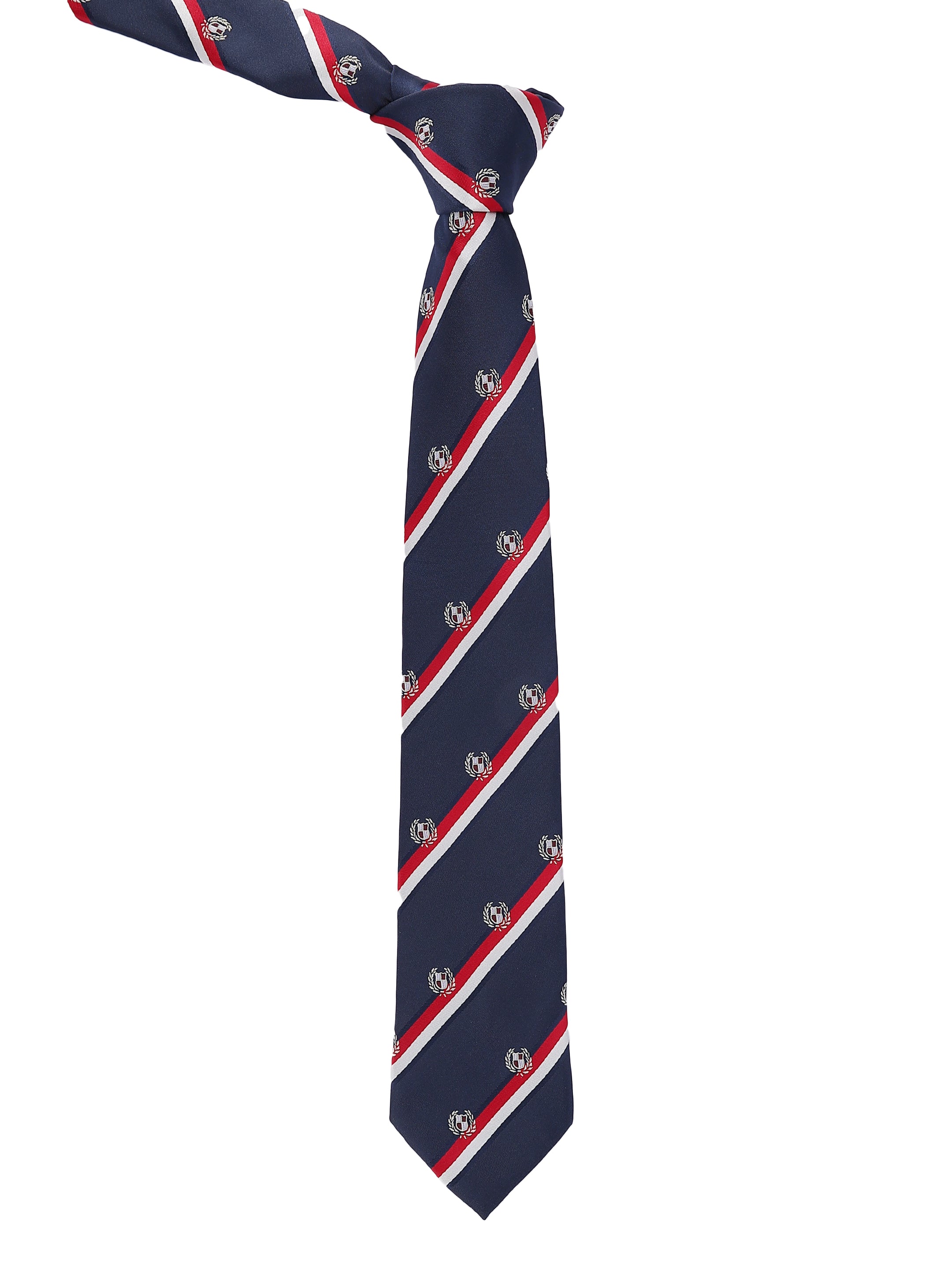 Navy tie with red and white diagonal stripes on a white background
