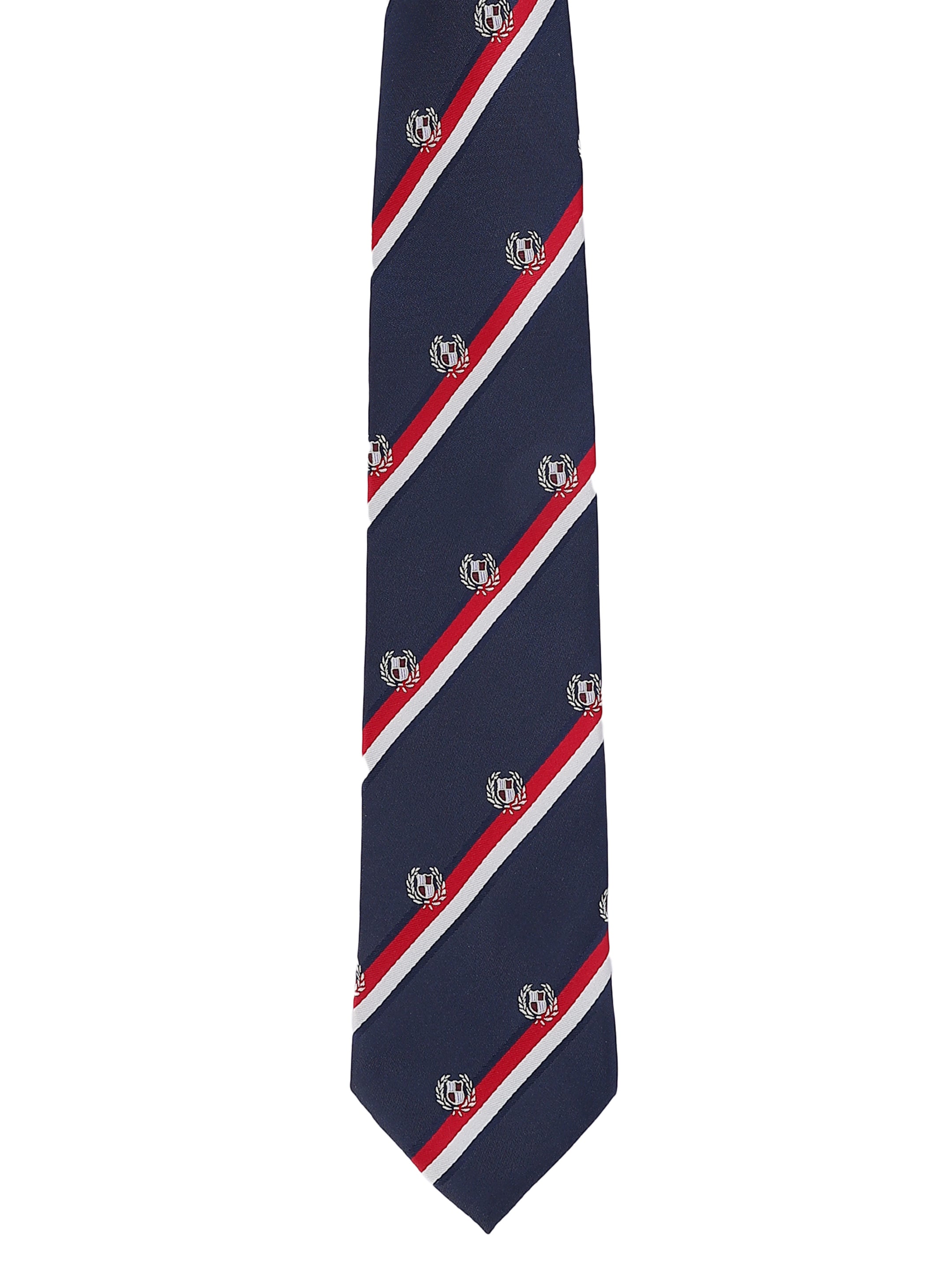 Navy tie with red and white diagonal stripes and small logos on a white background
