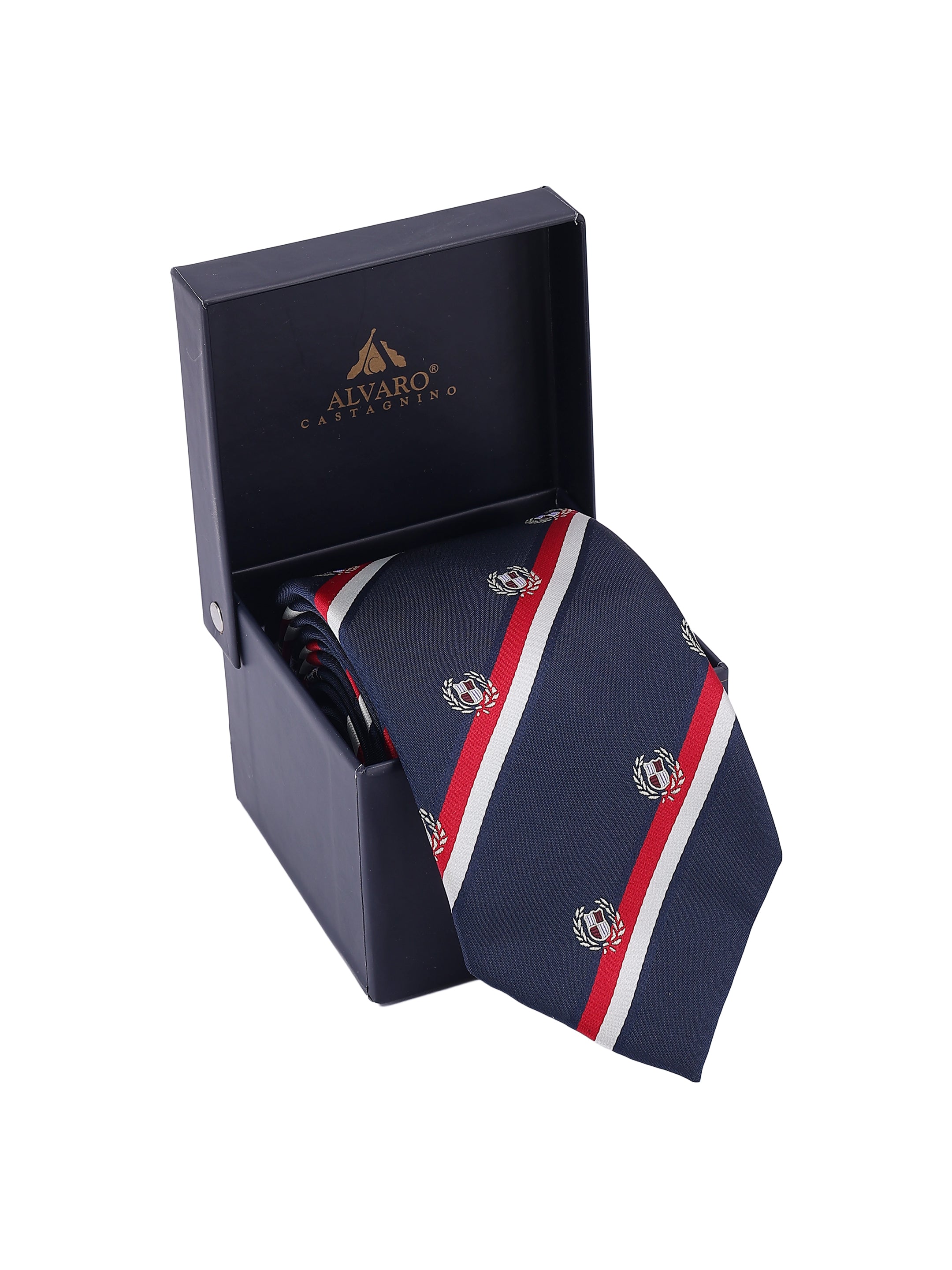 Navy tie with red and white stripes and logo in an open black box with Alviero Martini branding.
