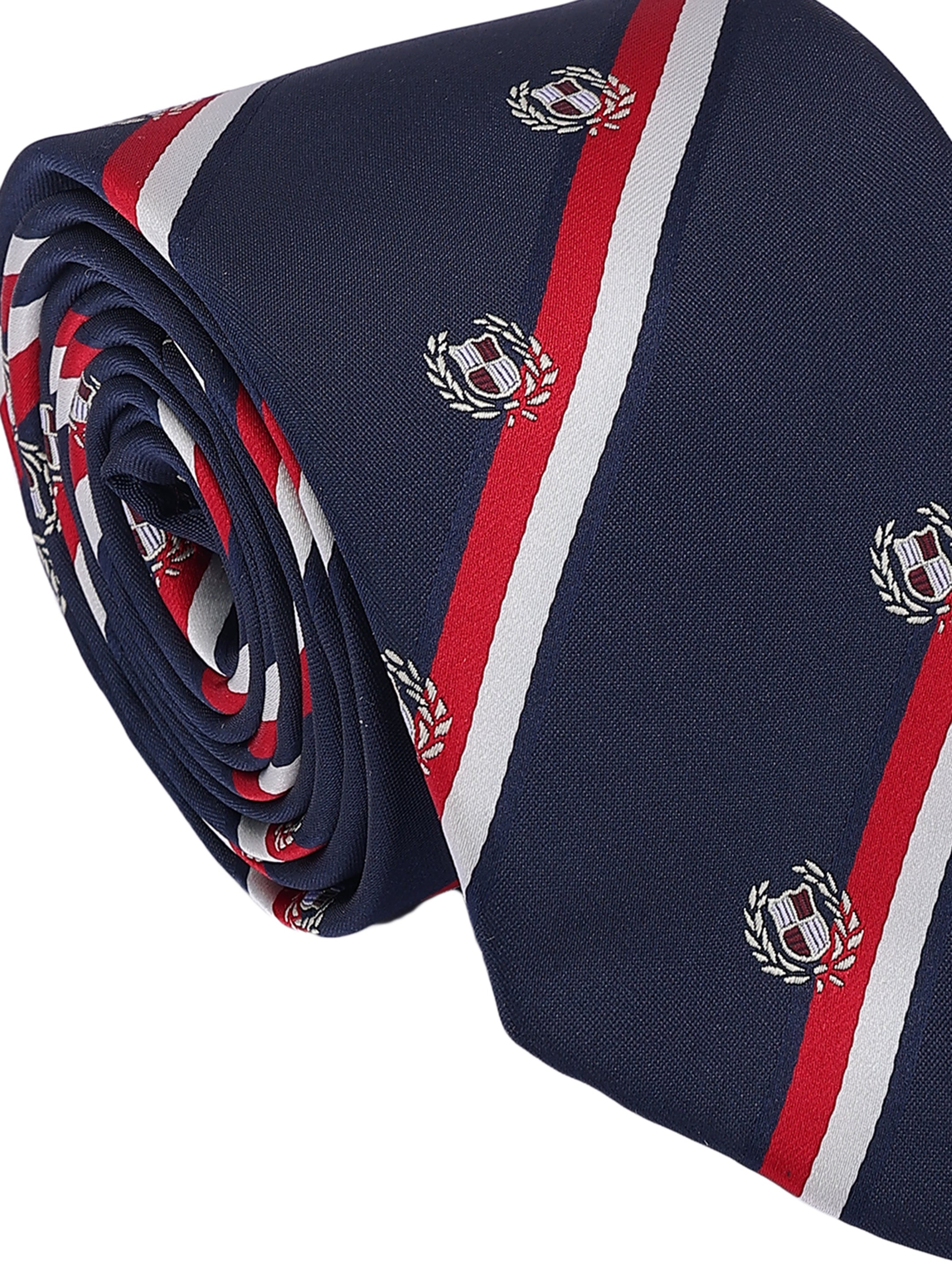 Navy blue tie with red and white stripes and small emblems on a white background