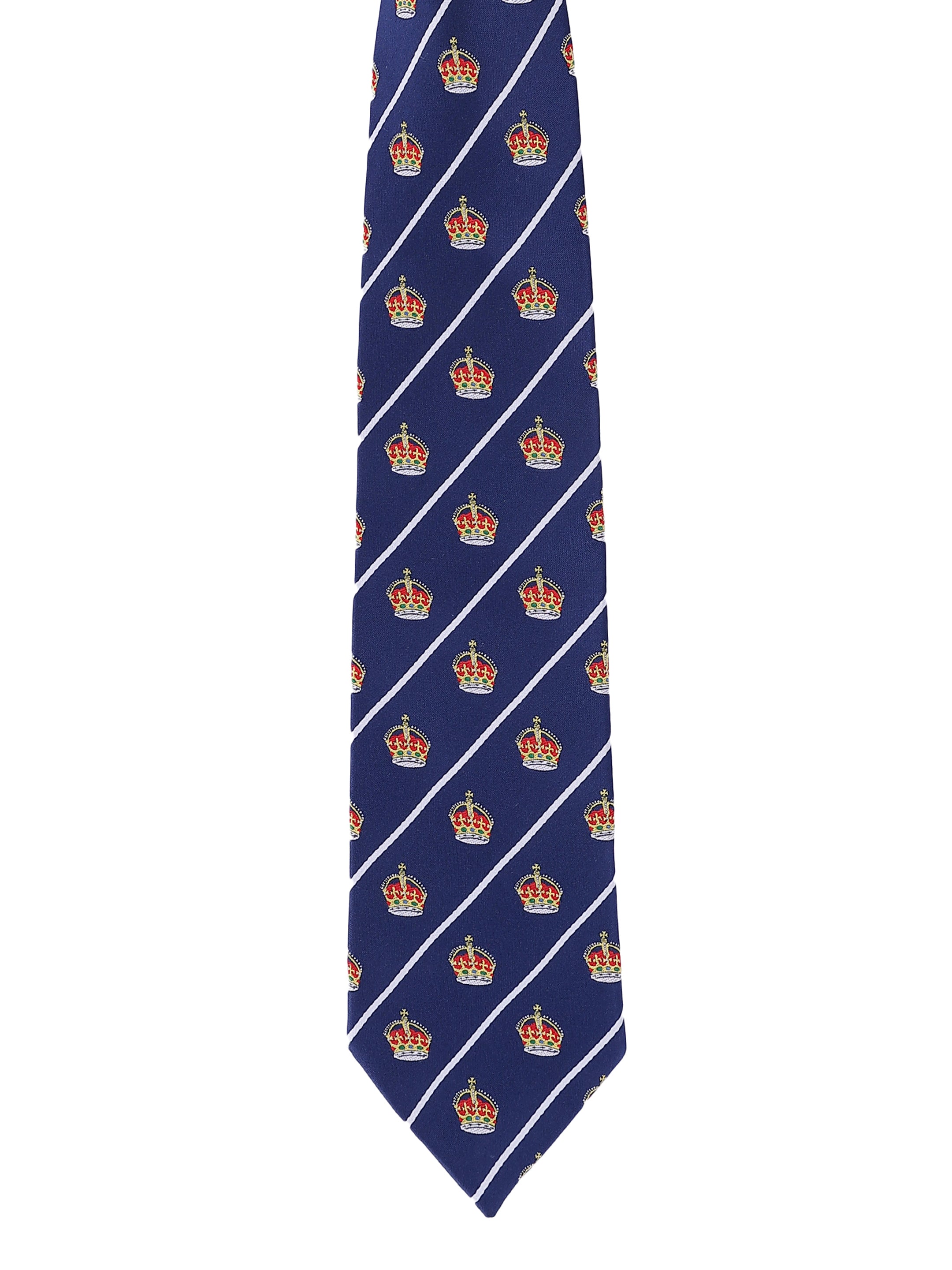 Navy blue tie with red and gold crown pattern on a white background