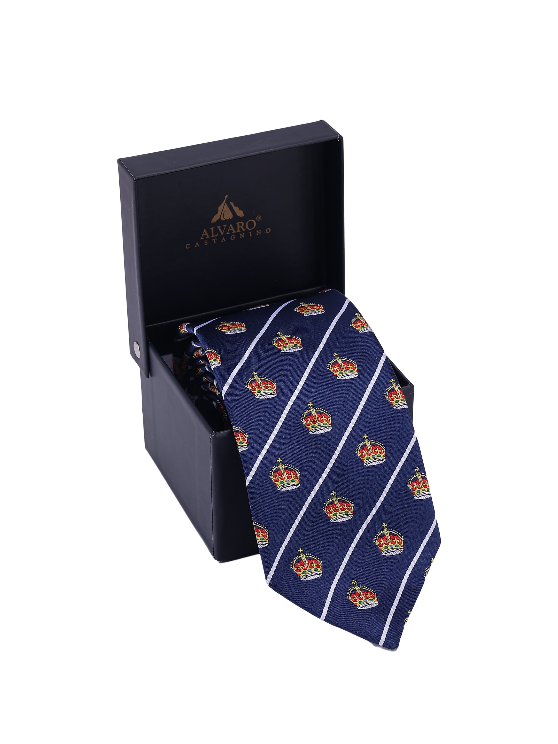 Navy tie with crown pattern in a black Alvado box on a white background