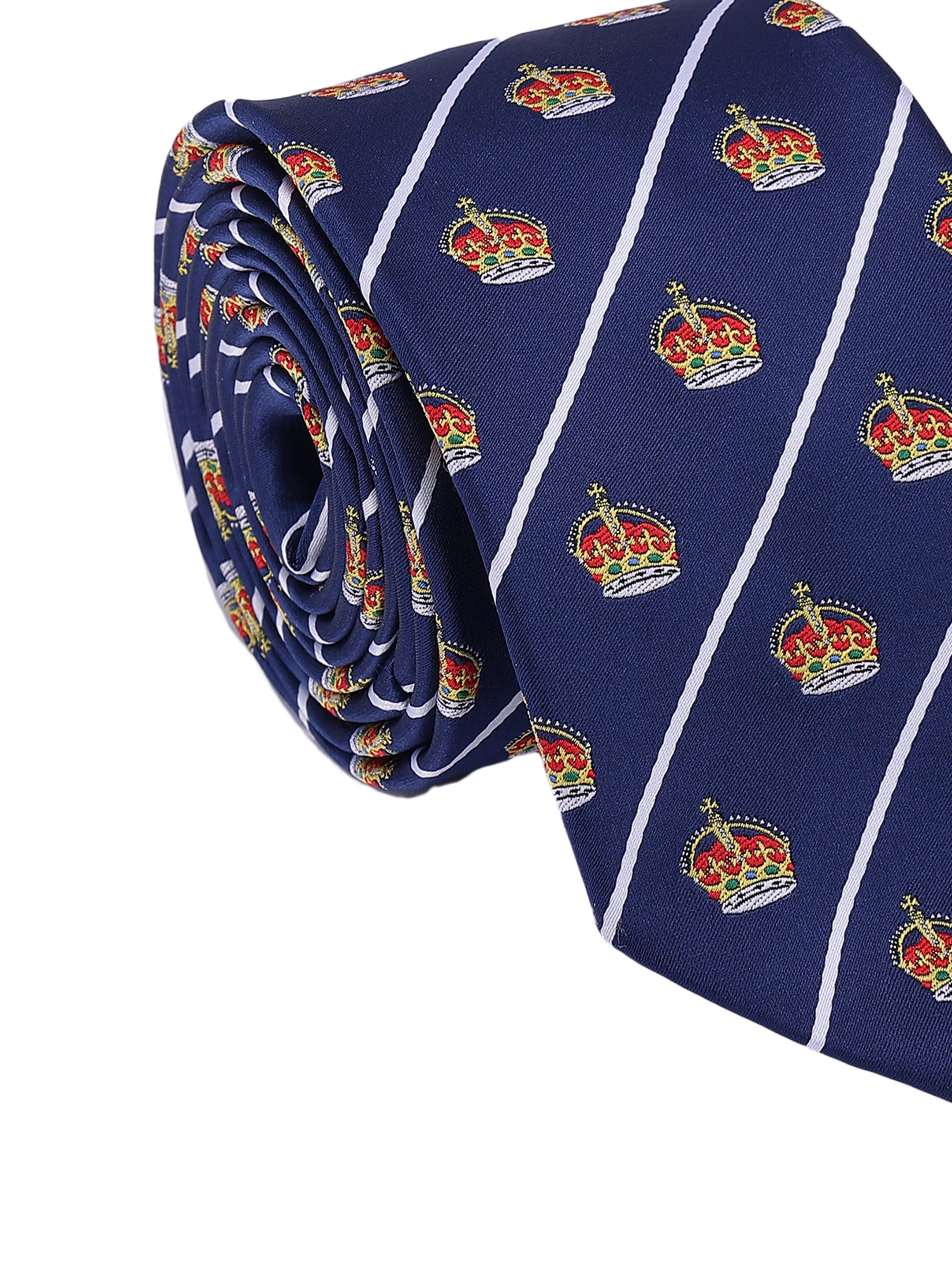 Navy blue tie with red and gold crown pattern on a white background
