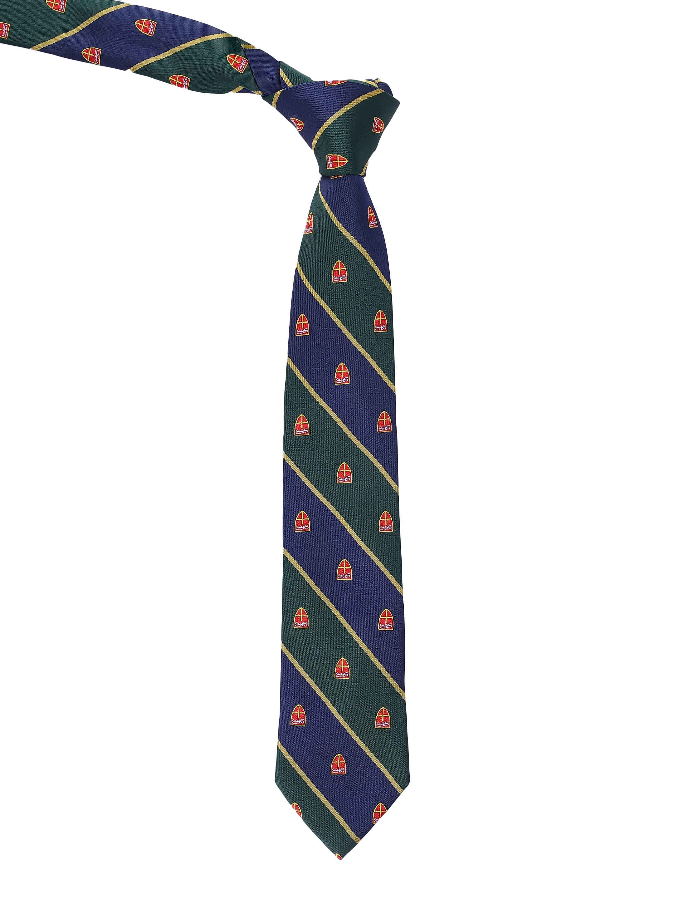 Blue & Green Diagonal Striped Crest Motif Premium Formal Tie