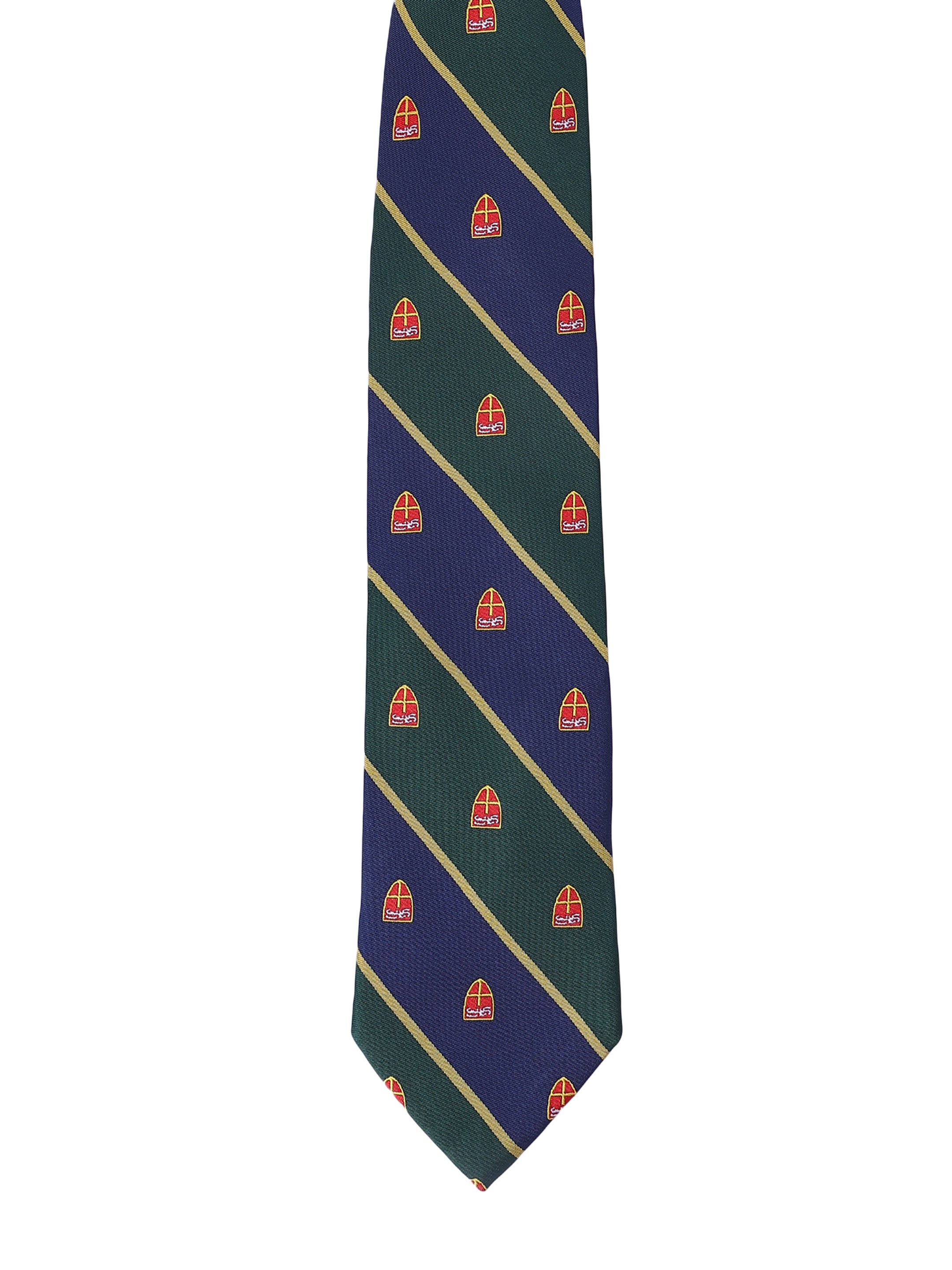 Navy and green striped tie with red and gold pattern on a white background