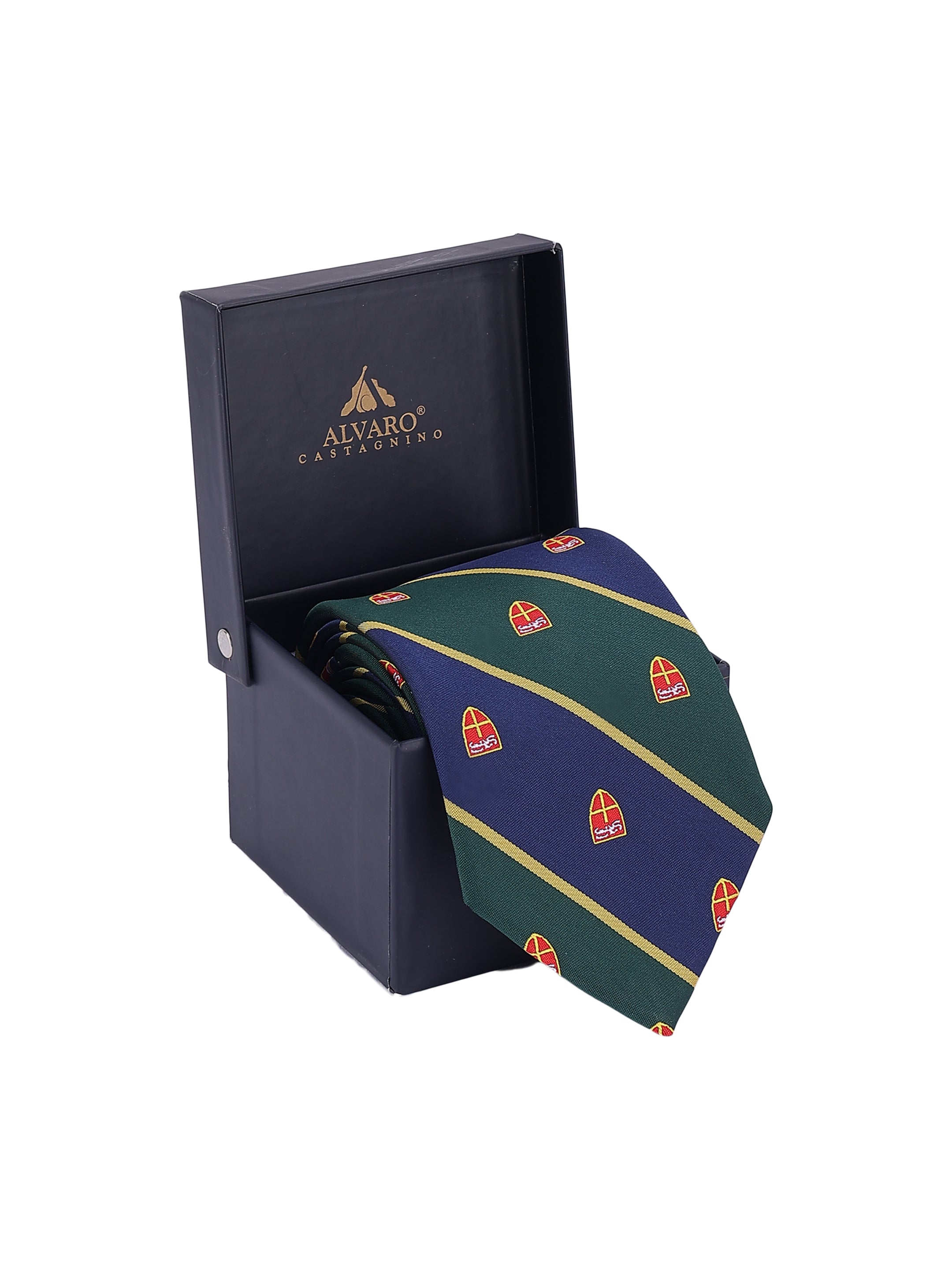 Green and blue patterned tie with a black box featuring 'Alvaro Castagnino' branding on a white background.