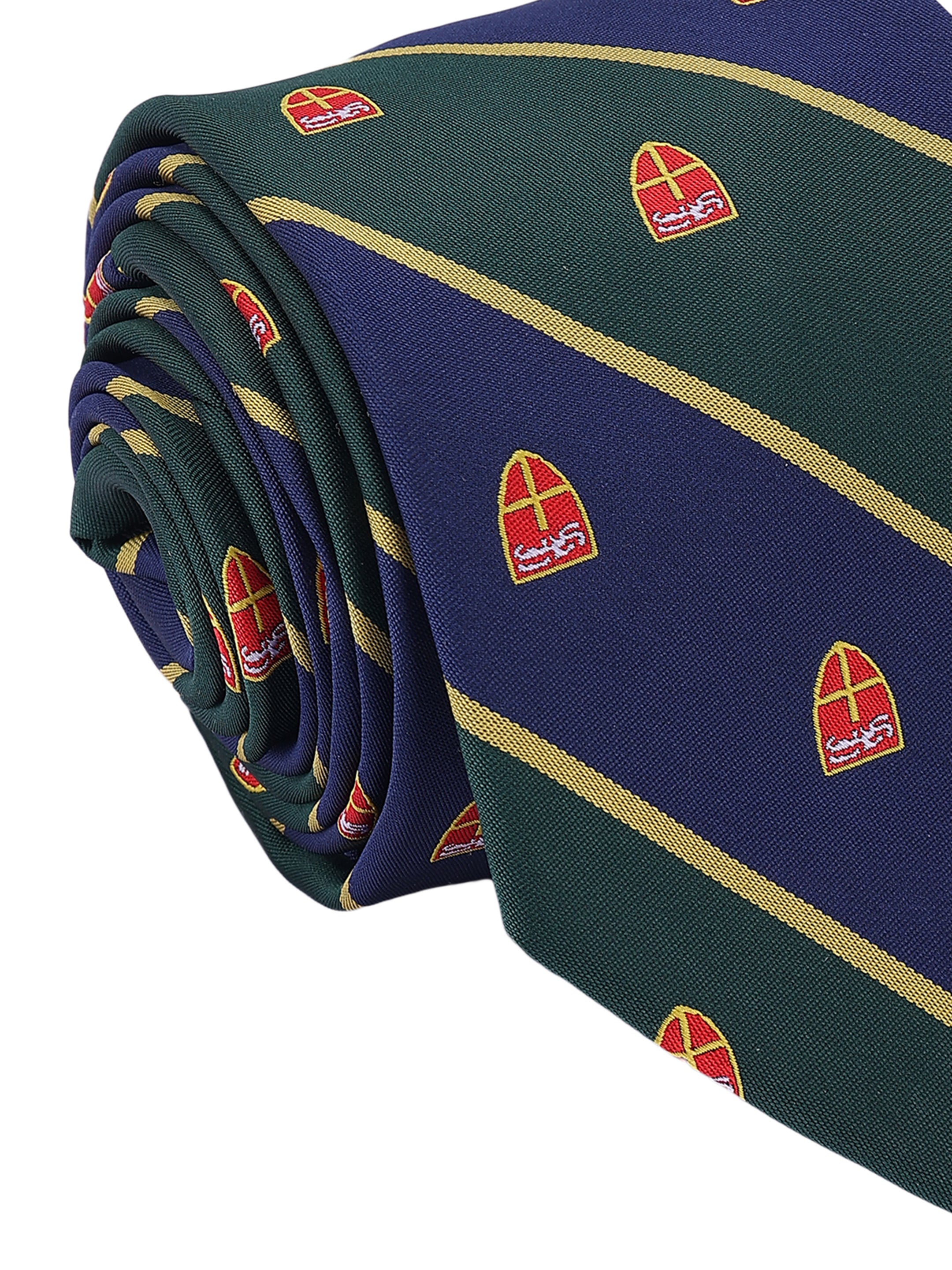 Folded tie with a pattern of red logos on a blue and green background