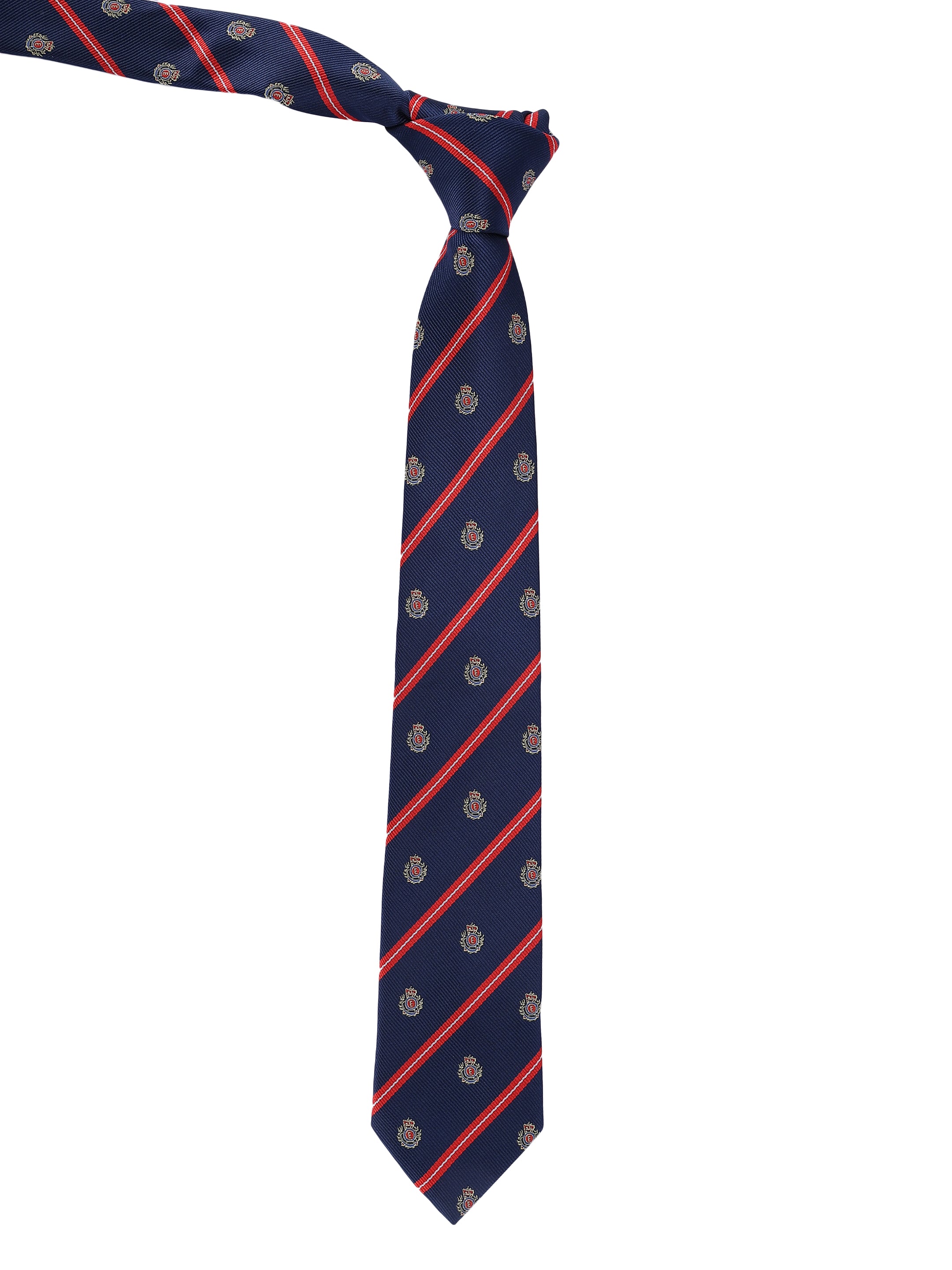 Navy tie with red stripes and small patterns on a white background
