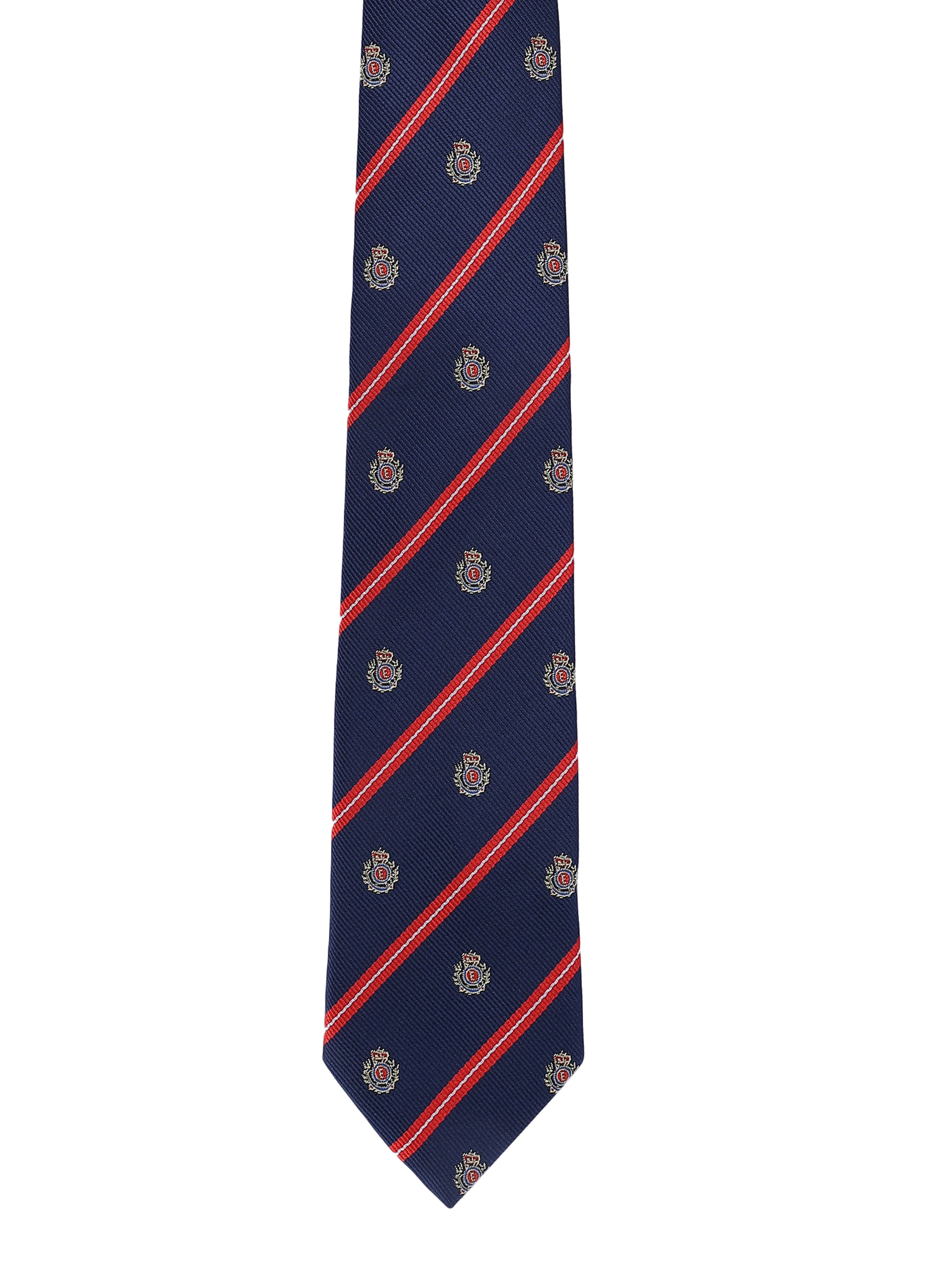 Navy blue tie with red diagonal stripes and small emblems on a white background