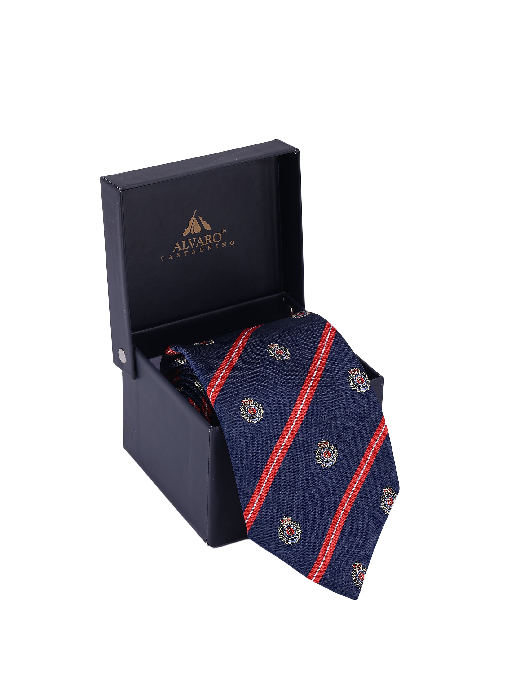 Navy tie with red stripes and pattern in a black Alvaro Castaner box on a white background
