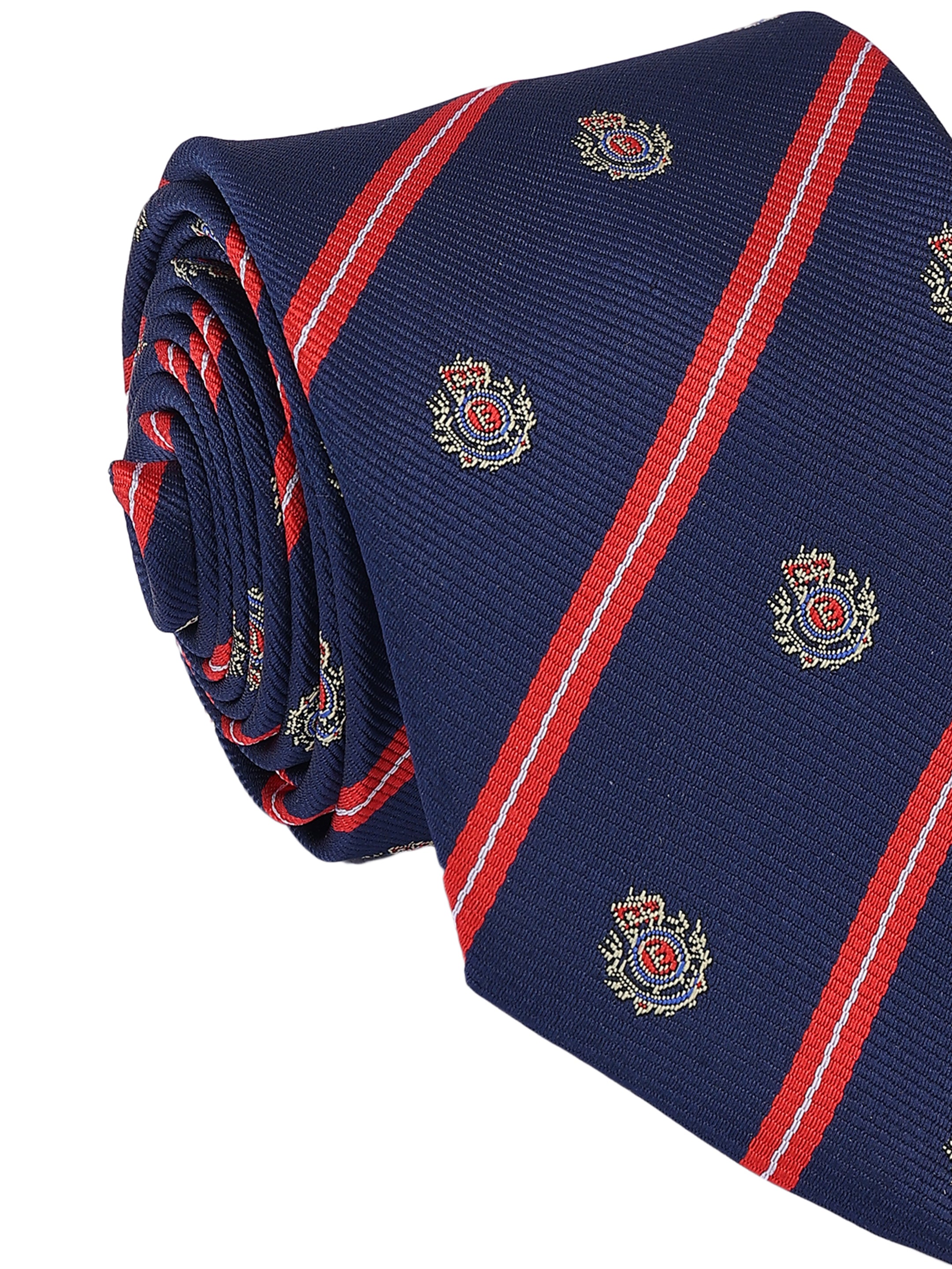Navy blue tie with red stripes and embroidered logos on a white background