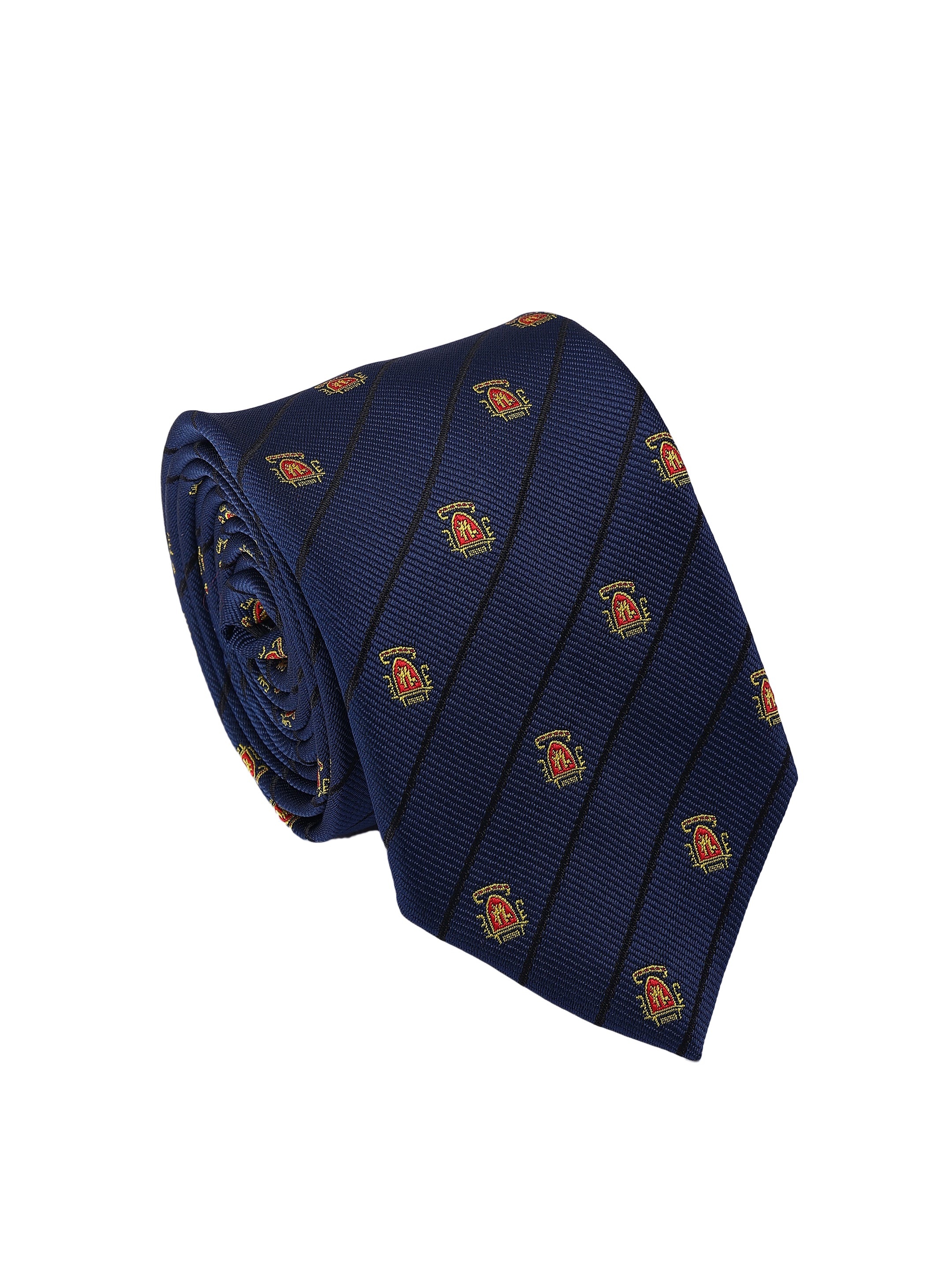 Navy blue tie with small logo pattern on a white background