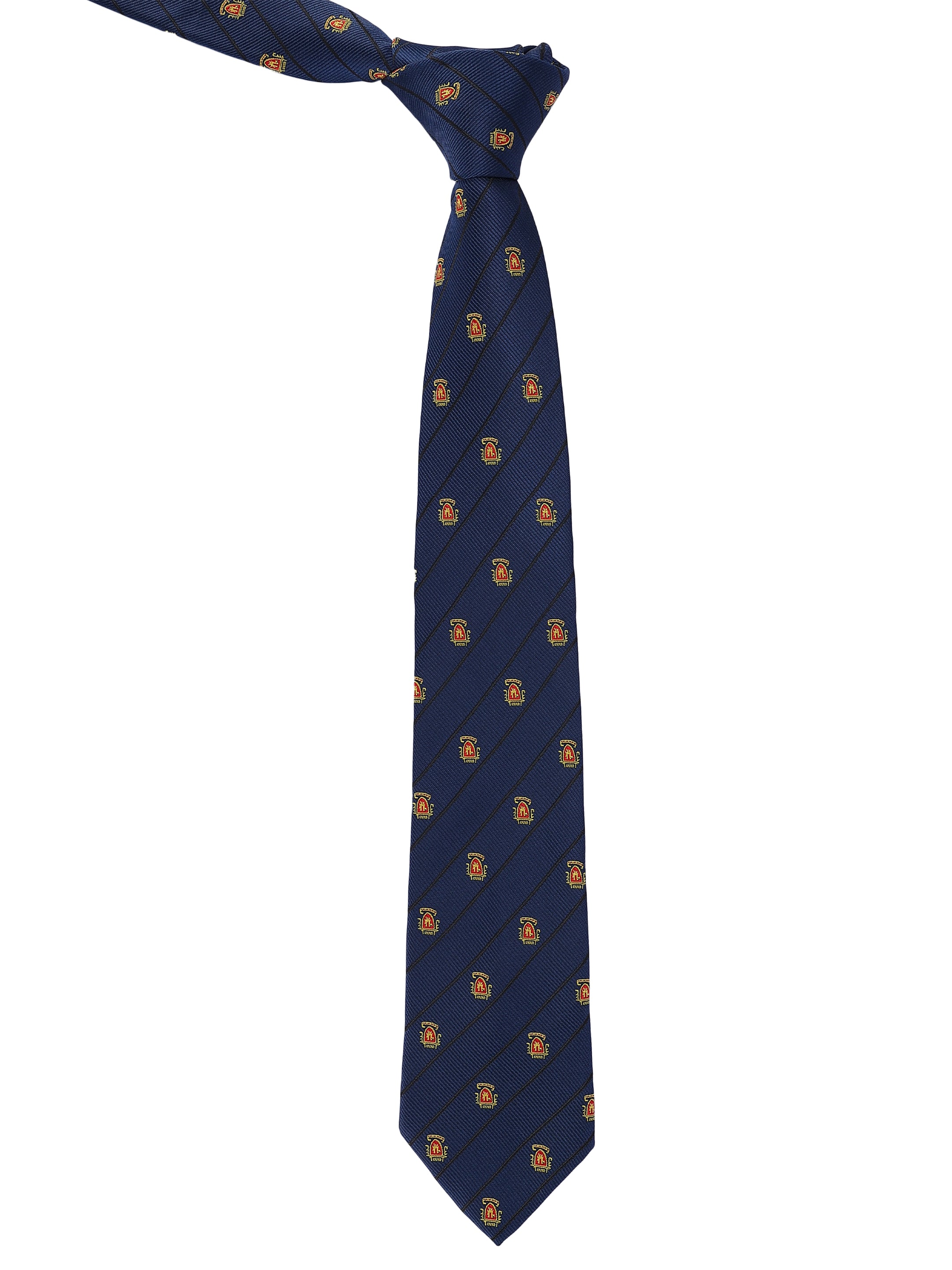 Navy blue tie with gold patterns on a white background