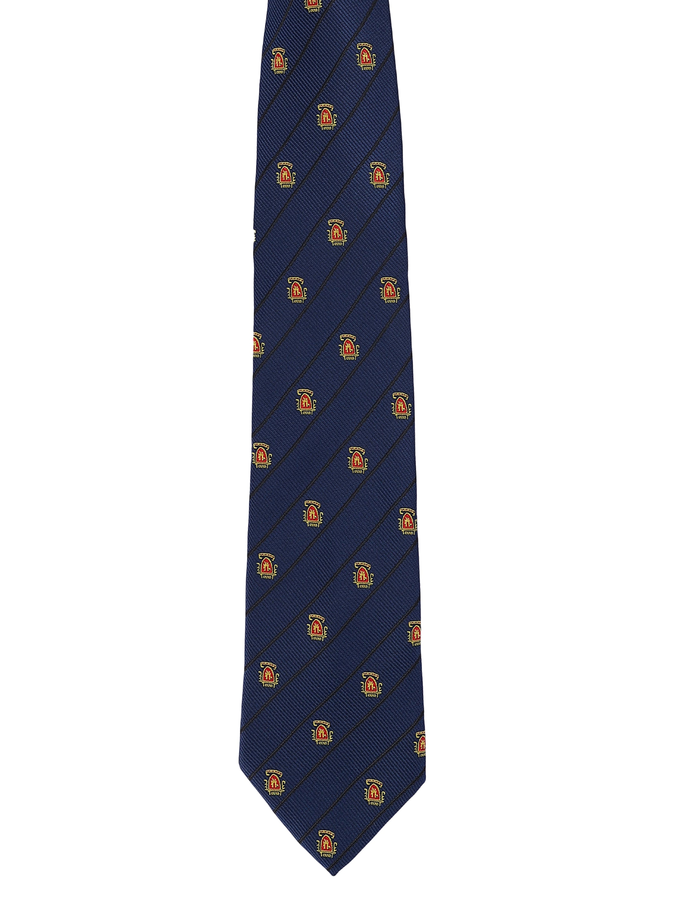Navy blue tie with gold and white pattern on a white background