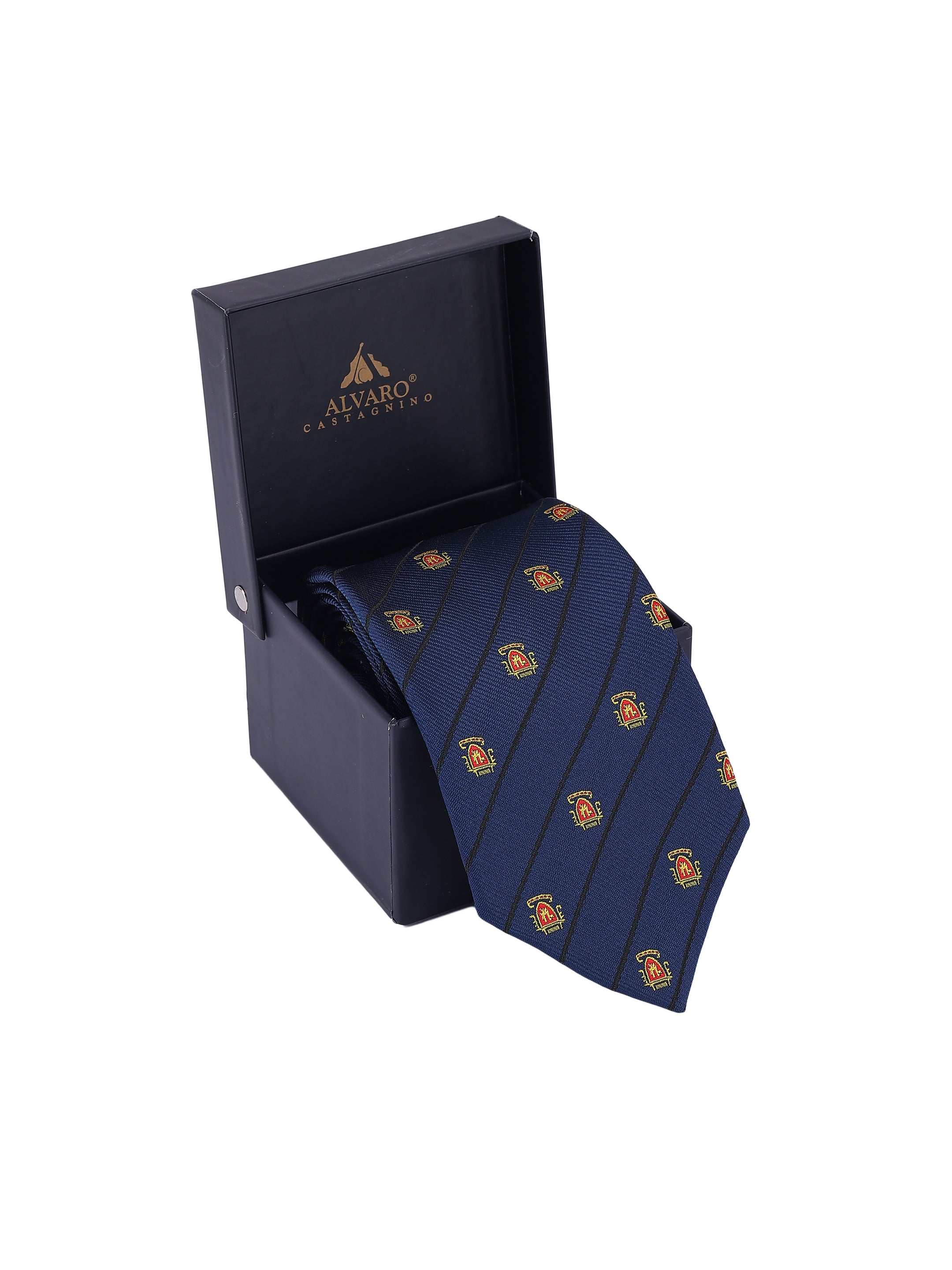 Navy blue tie with gold patterns in a black box, featuring Alvaro Castaner logo.