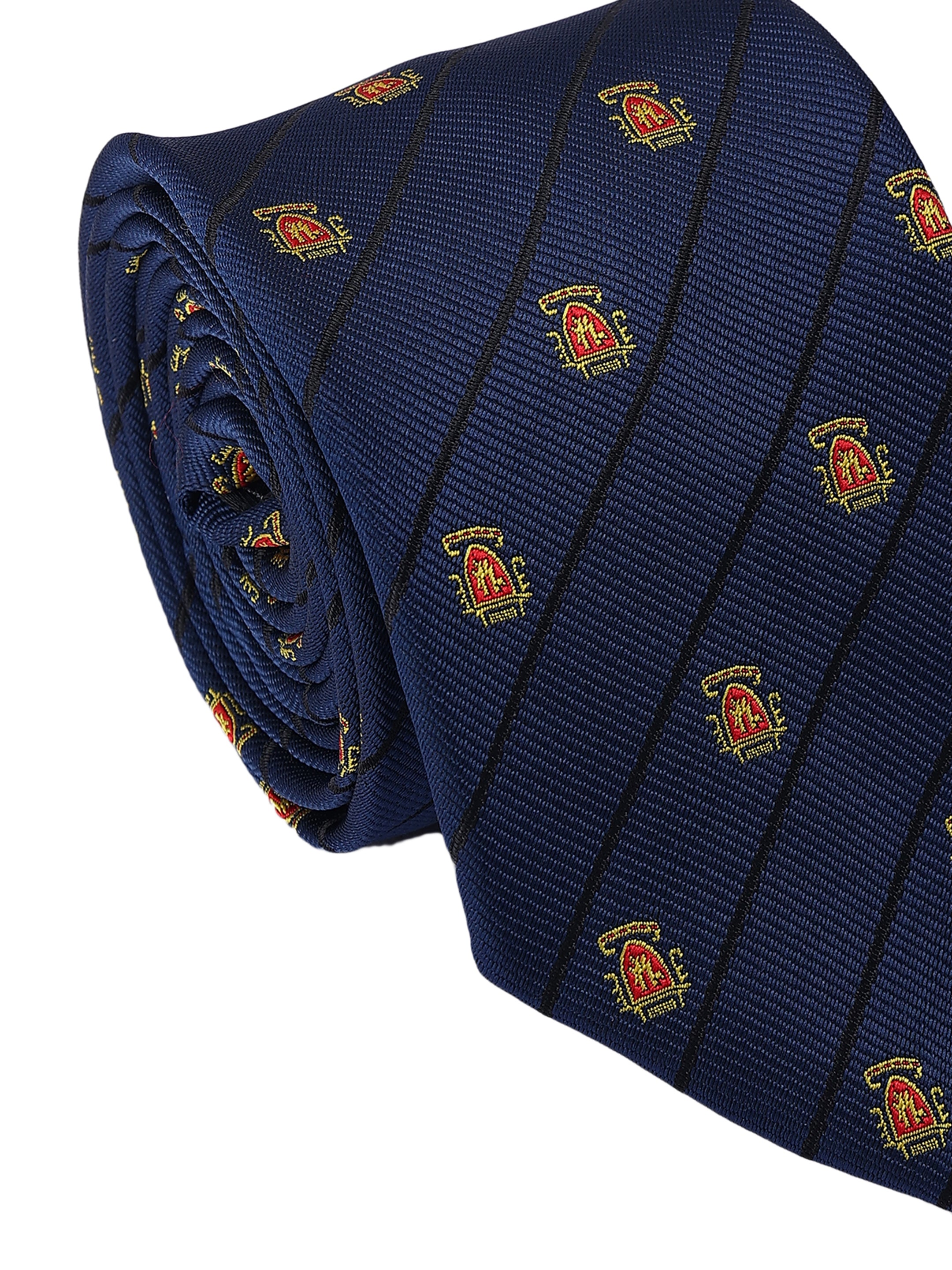 Navy blue tie with embroidered patterns on a white background