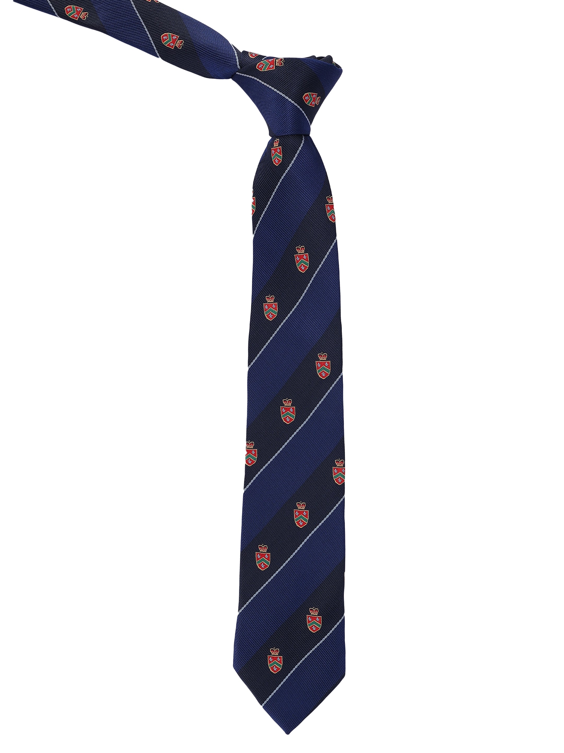 Navy striped tie with red and gold emblem pattern on a white background