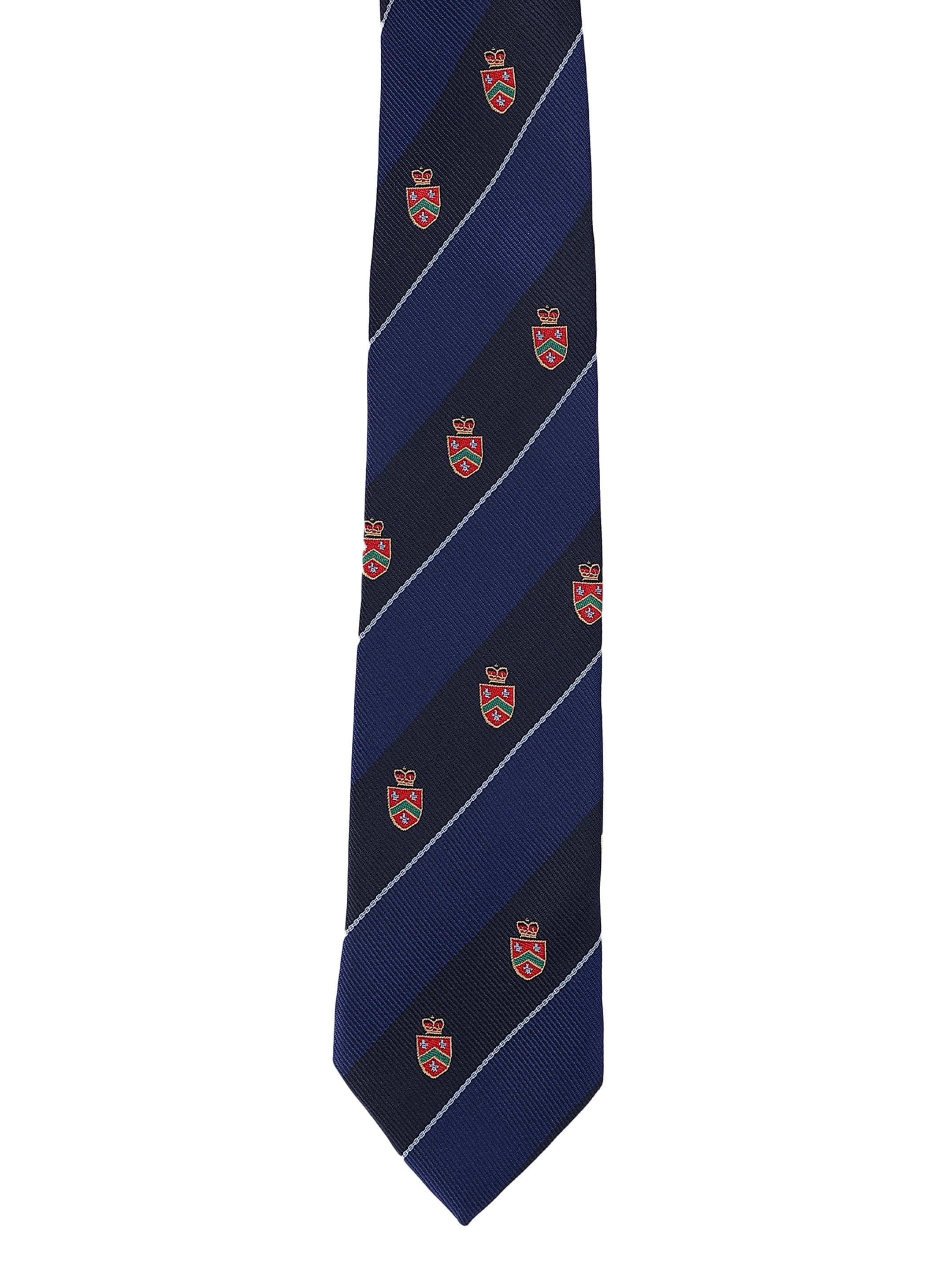 Navy blue tie with red and white patterns on a white background