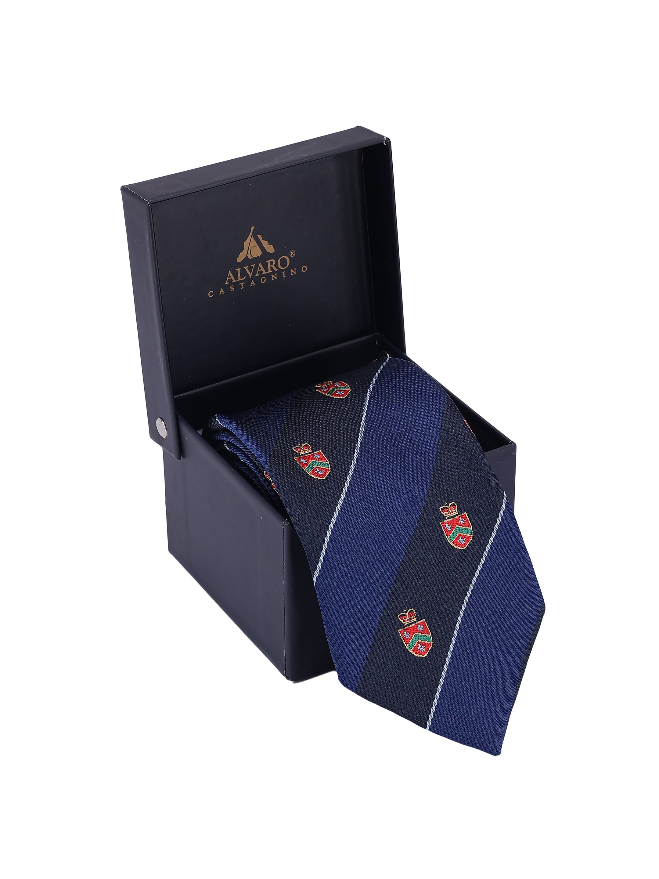 Blue tie with red and green emblem in a black box with Alvaro Castanho logo.