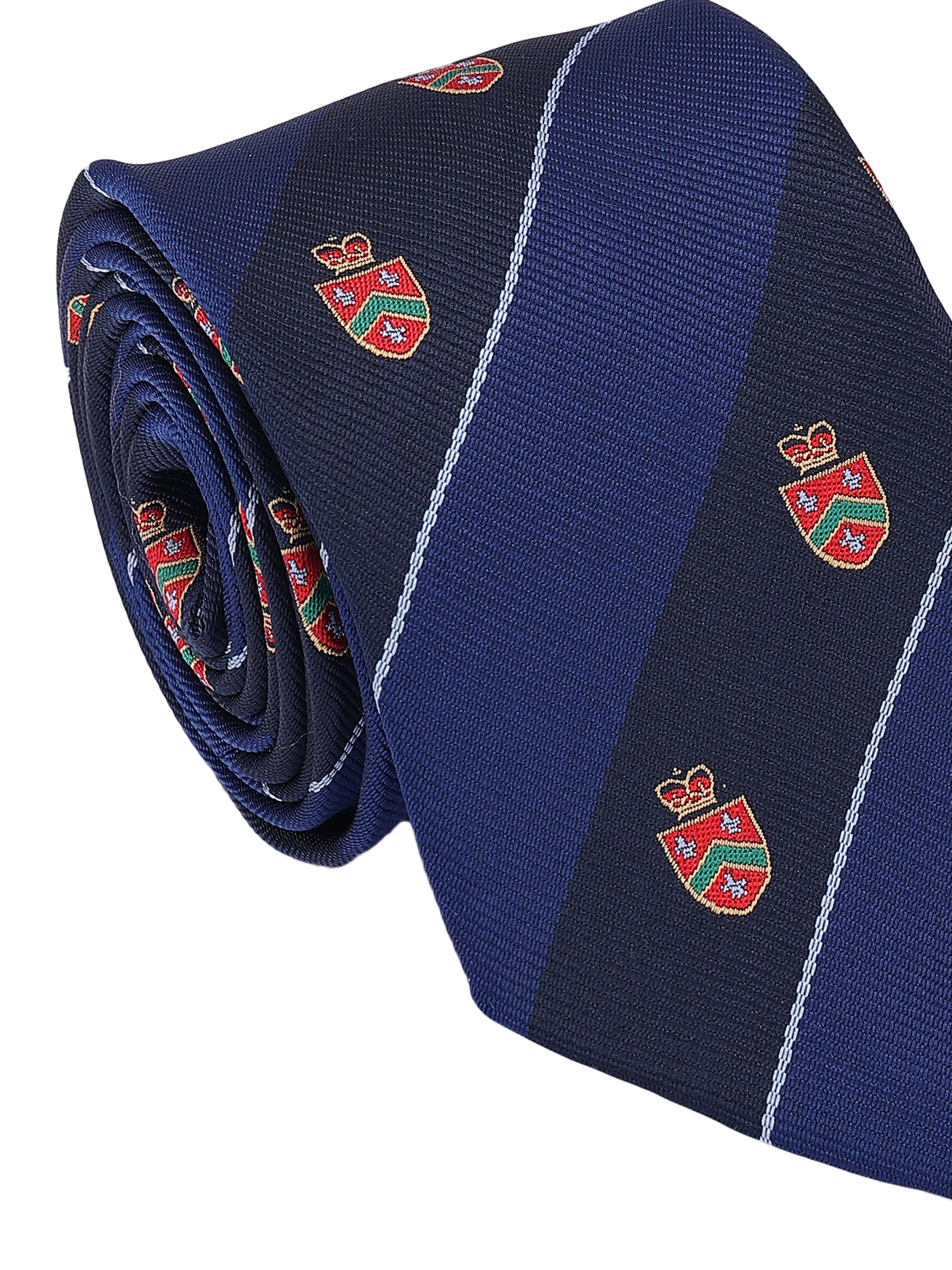 Navy blue tie with red and green emblem patterns on a white background