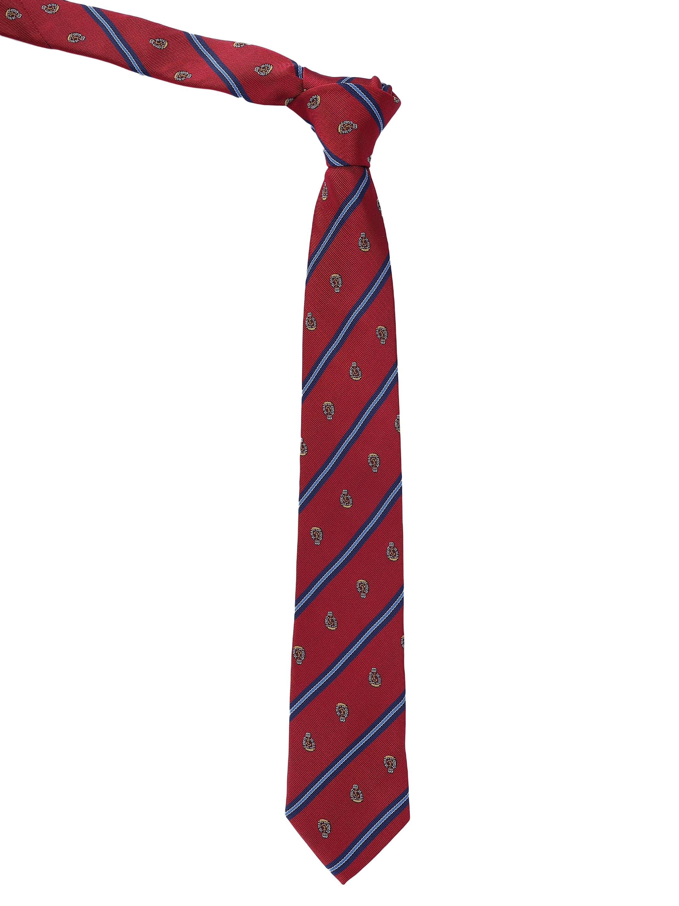 Red tie with blue stripes and pattern on a white background