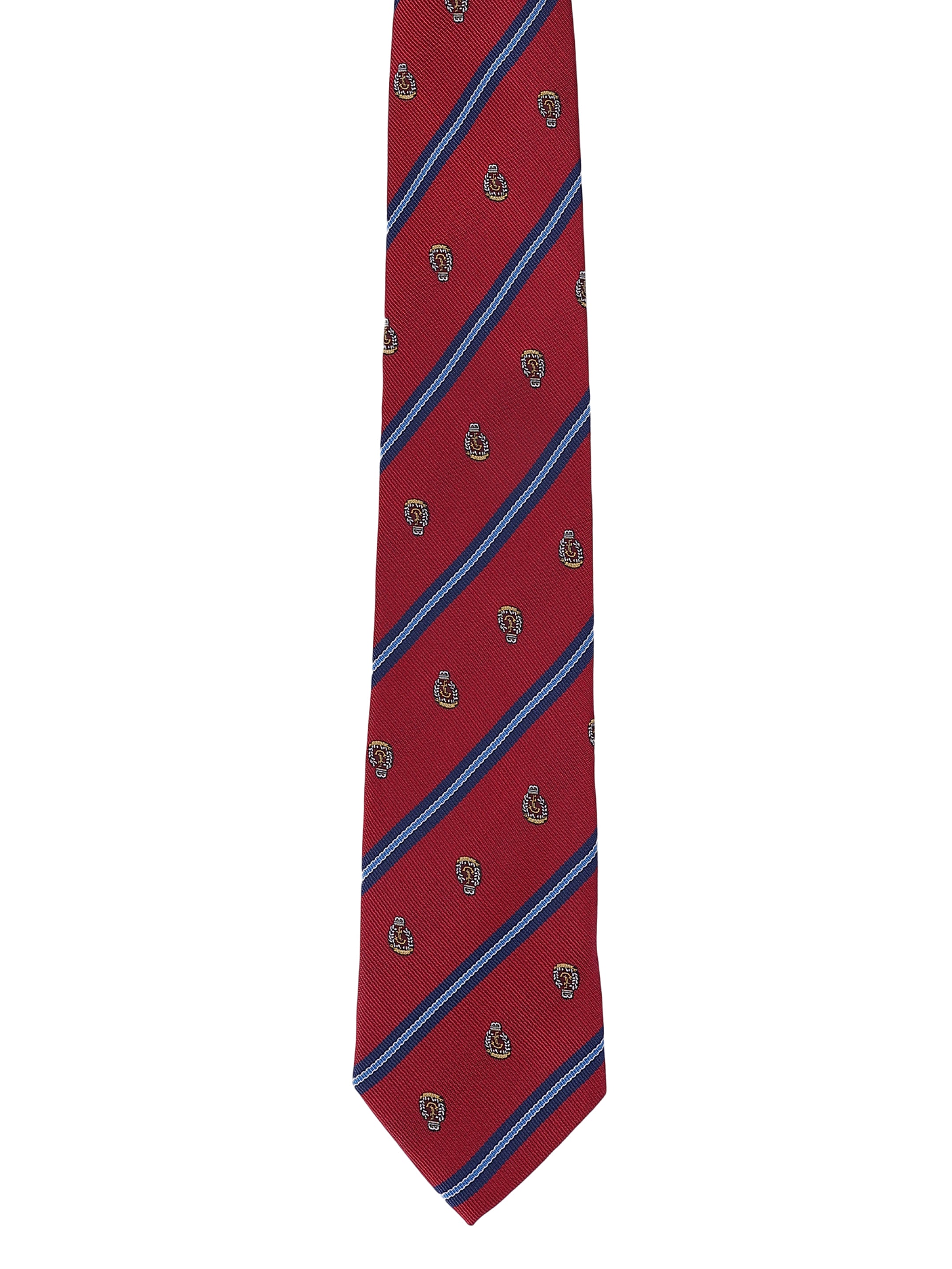 Red tie with blue diagonal stripes and small patterns on a white background