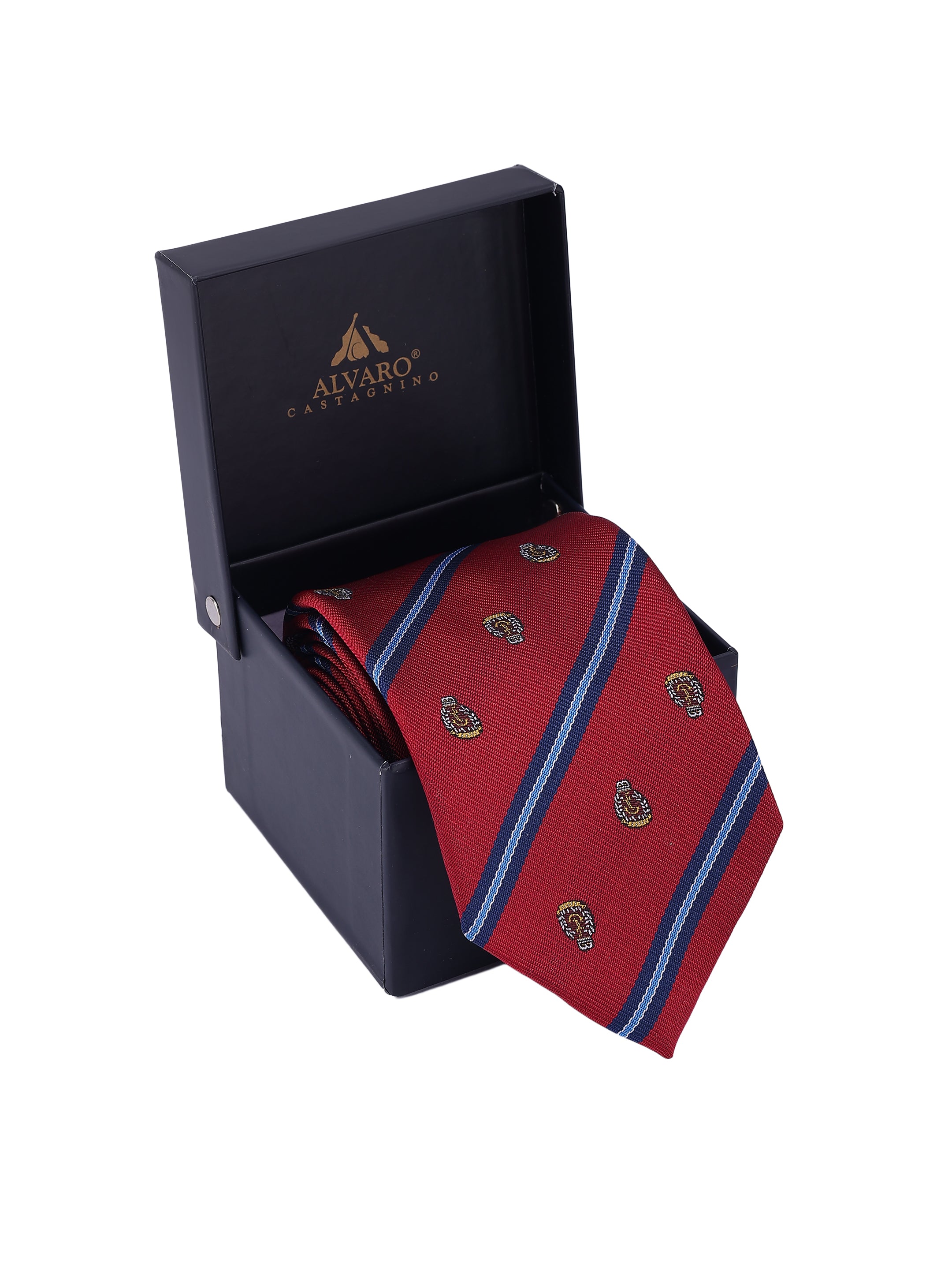 Red tie with blue stripes and patterns in a black box with Alvaro Castaneda logo.