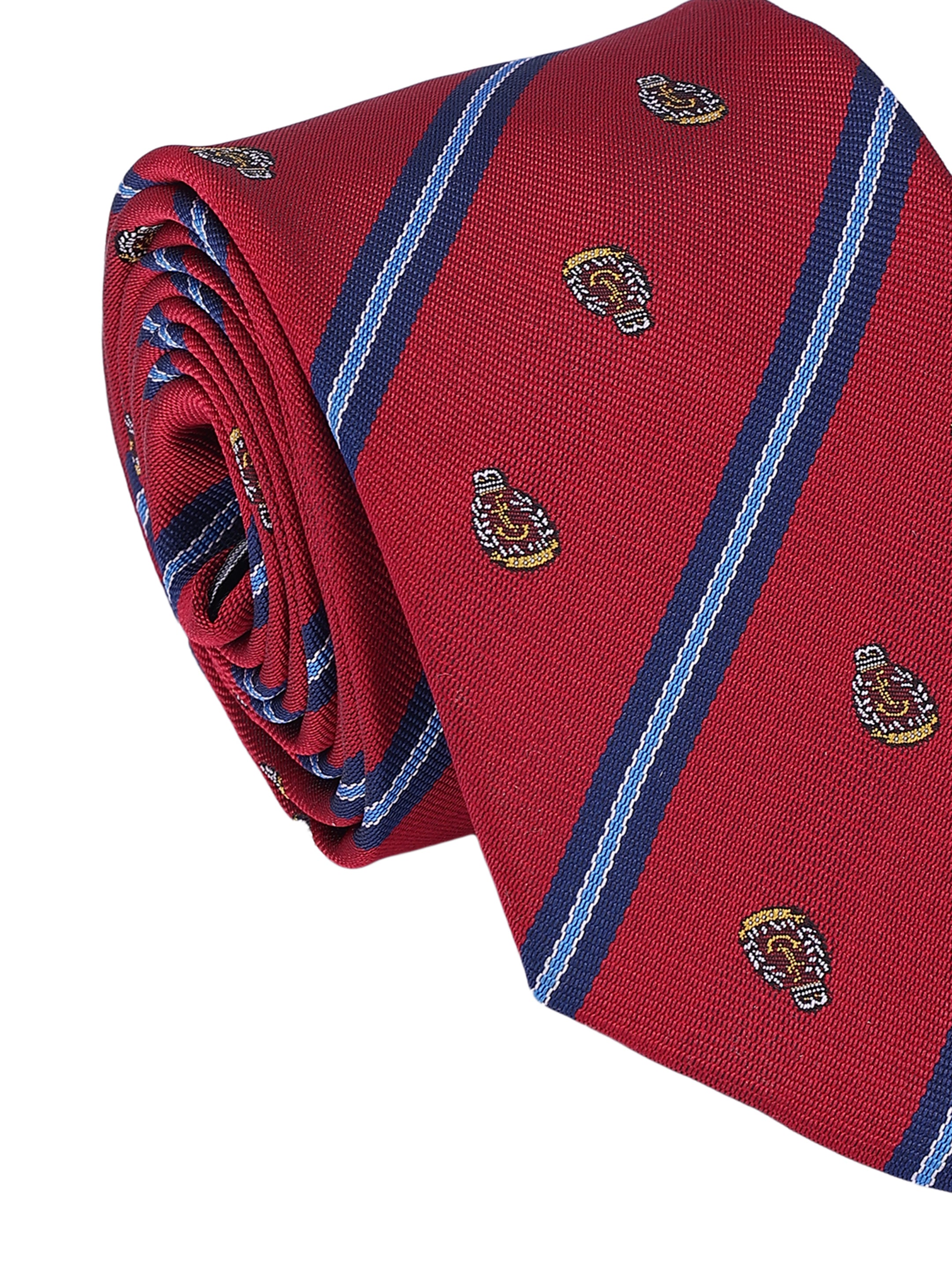 Red tie with blue stripes and small emblems on a white background
