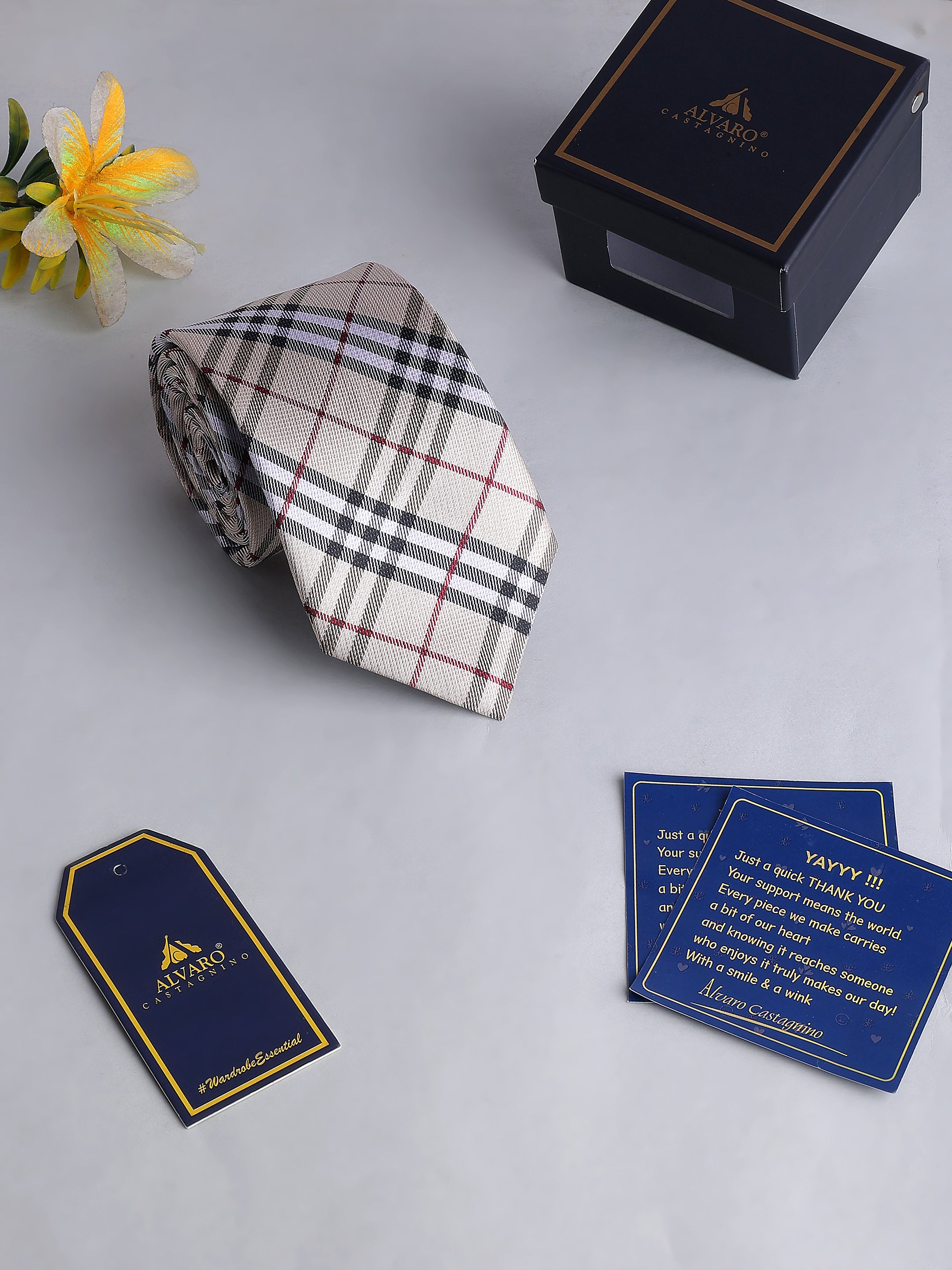 Cream & Navy Plaid Necktie