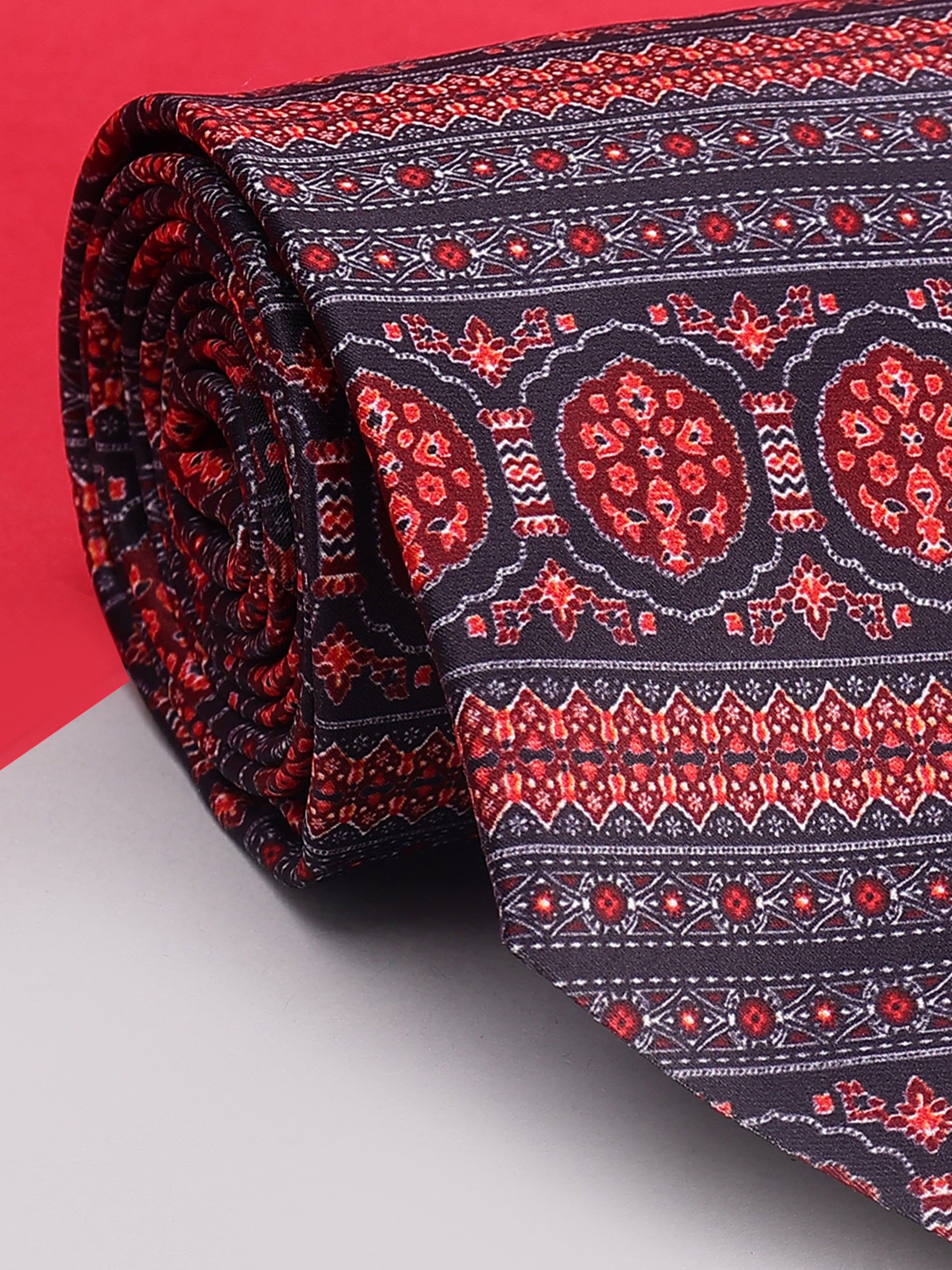 Crimson Medallion & Geometric Stripe Necktie