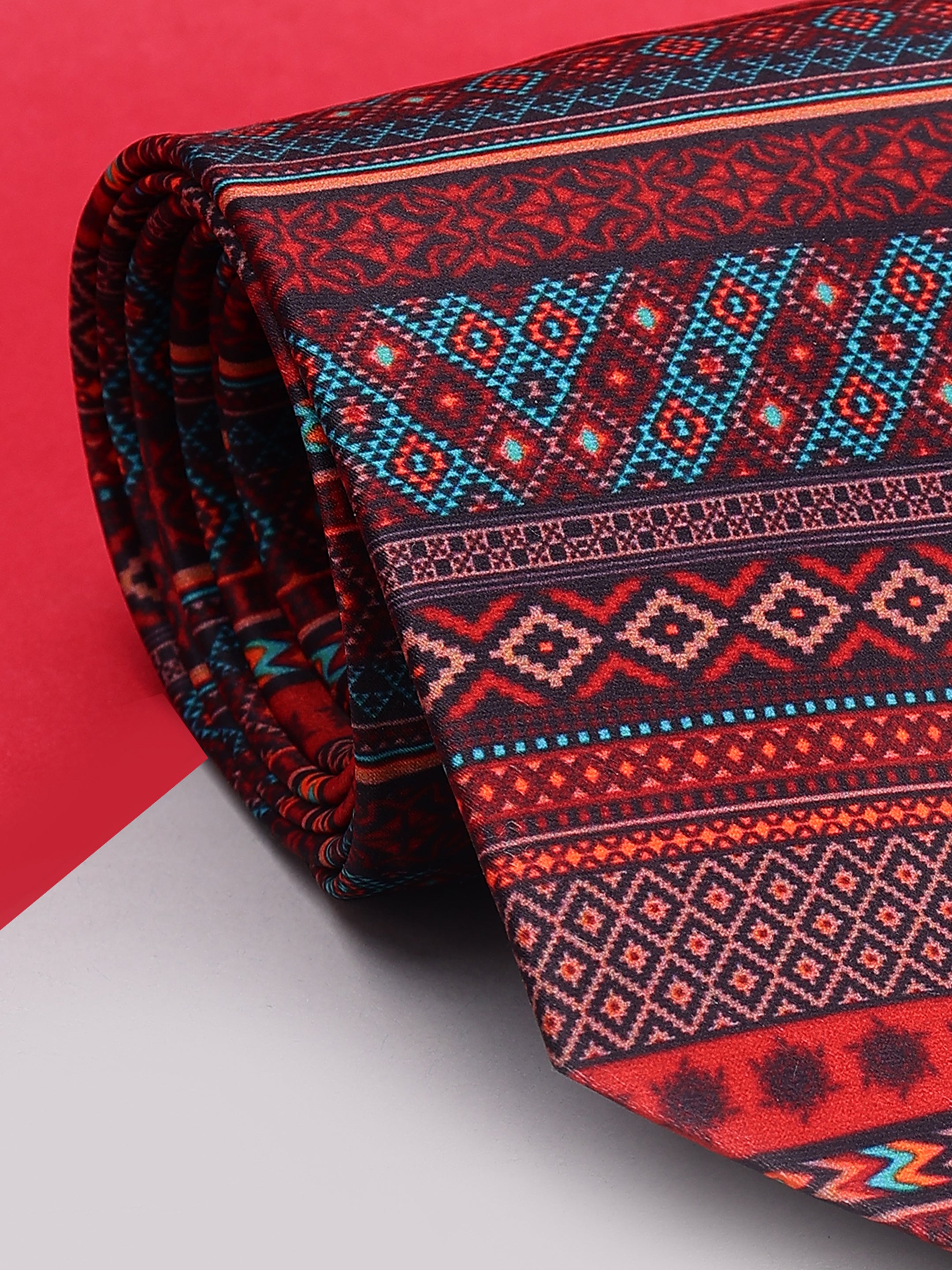 Crimson & Azure Tribal Geometric Necktie