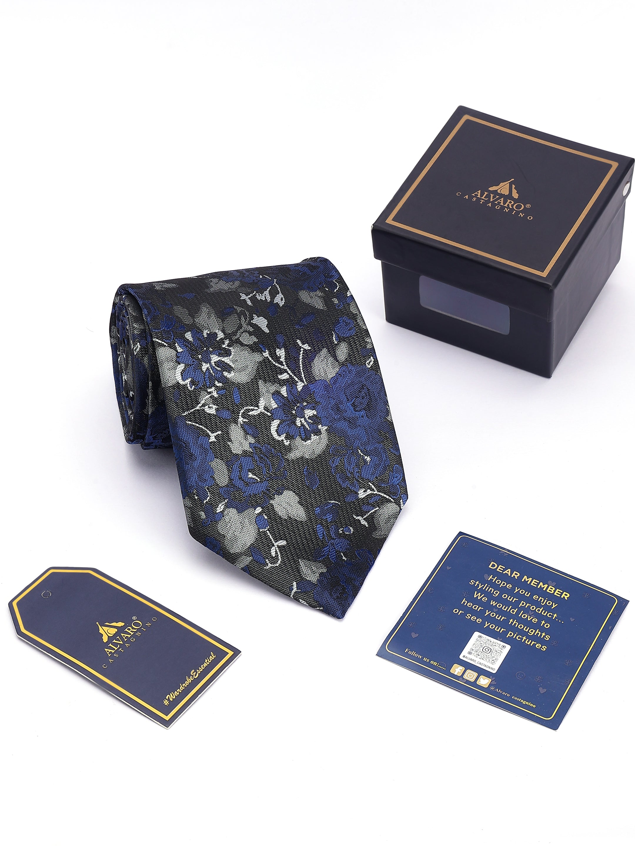 Midnight Blue & Grey Floral Luxe Necktie